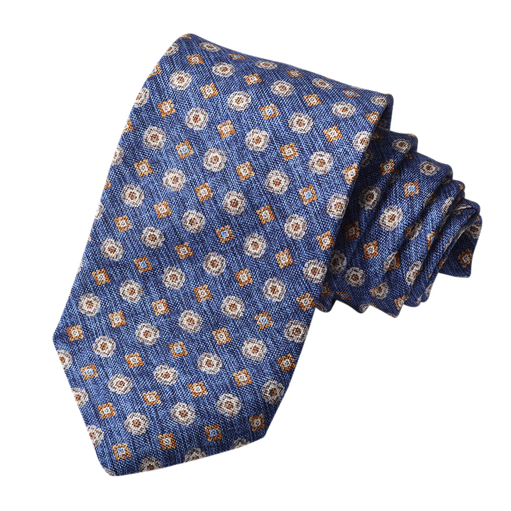Denim Blue Mélange Medallion Printed Panama Silk Tie - DION
