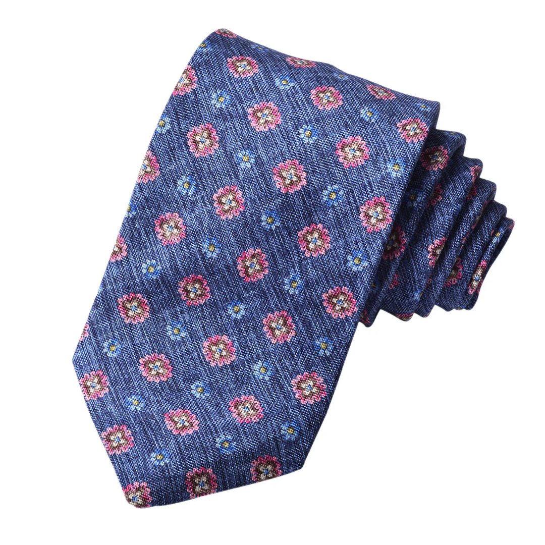 Denim Blue & Pink Floral Printed Silk Tie - DION - Boutique Jacques International