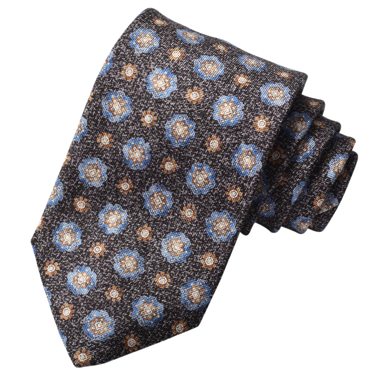 Onyx Gray Mélange Medallion Printed Panama Silk Tie - DION