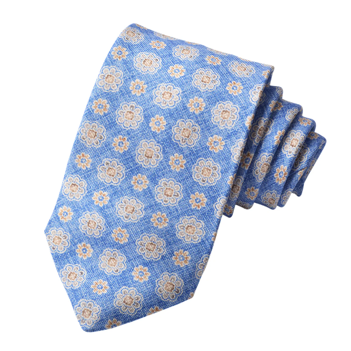 French Blue Mélange Floral Medallion Printed Panama Silk Tie - DION