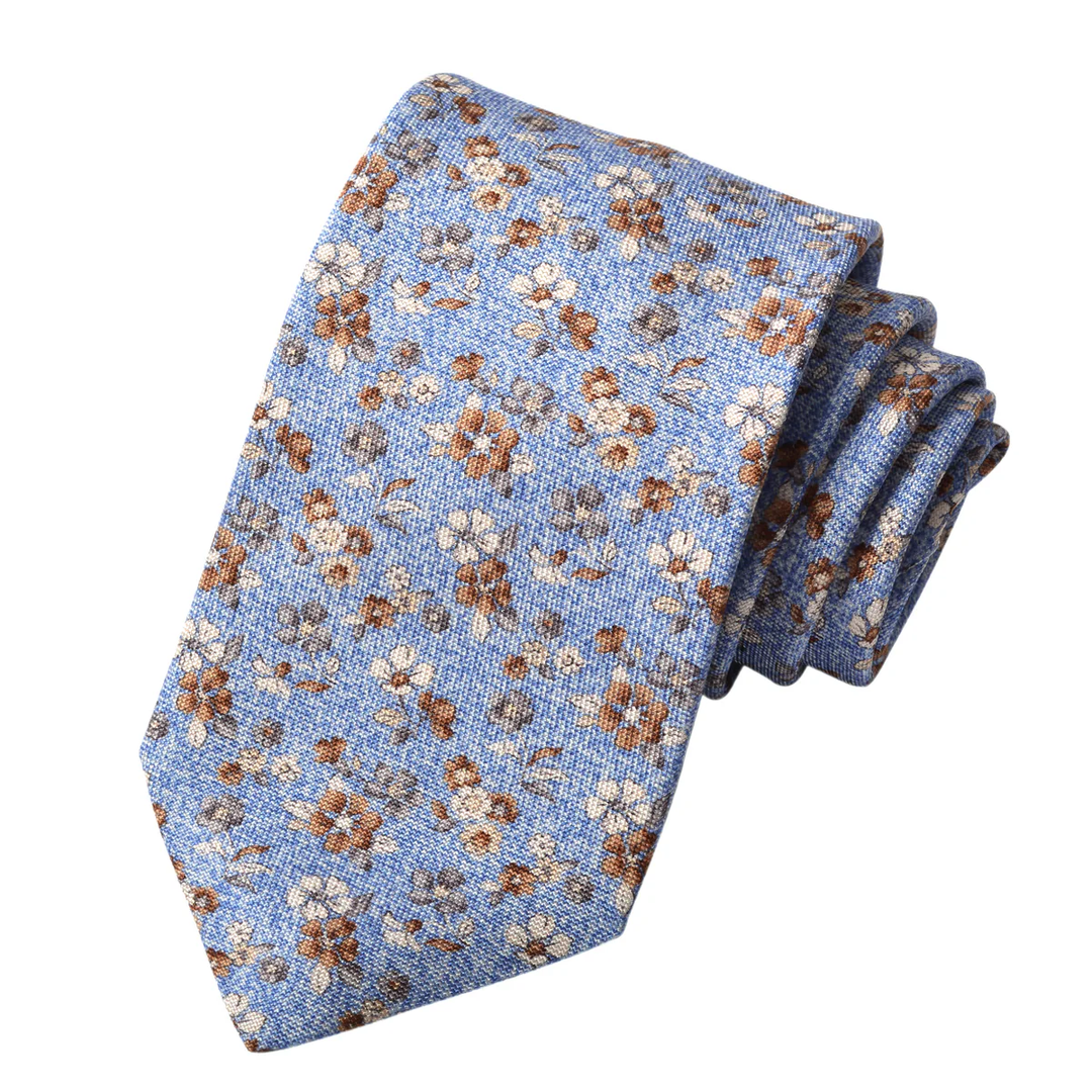 Light Blue Mélange Floral Printed Panama Silk Tie - DION - Boutique Jacques International