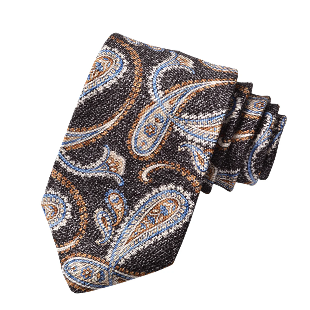 Charcoal Gray Mélange Paisley Printed Panama Silk Tie - DION - Boutique Jacques International