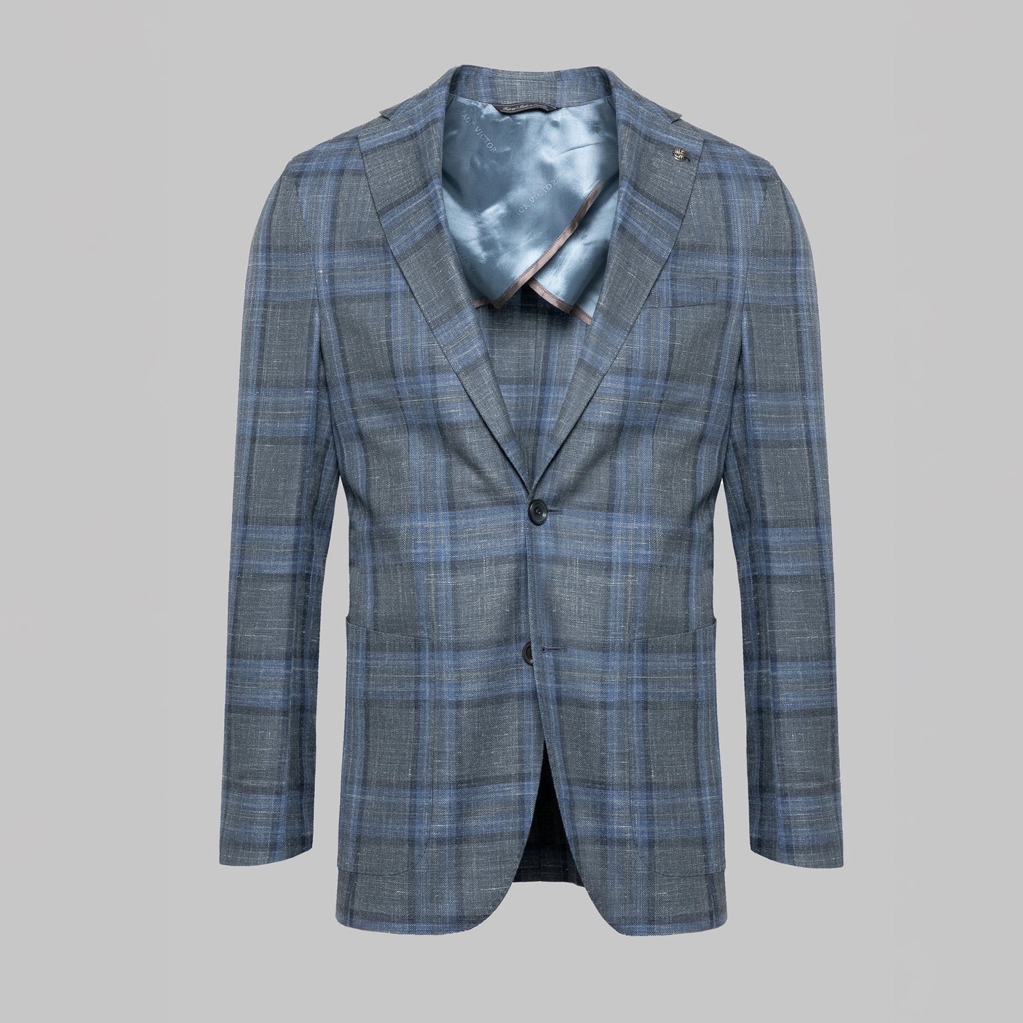 Grey and Blue Plaid Hampton Contemporary Fit Knit Wool/Silk/Linen Loro Piana Blazer - Jack Victor - Boutique Jacques International