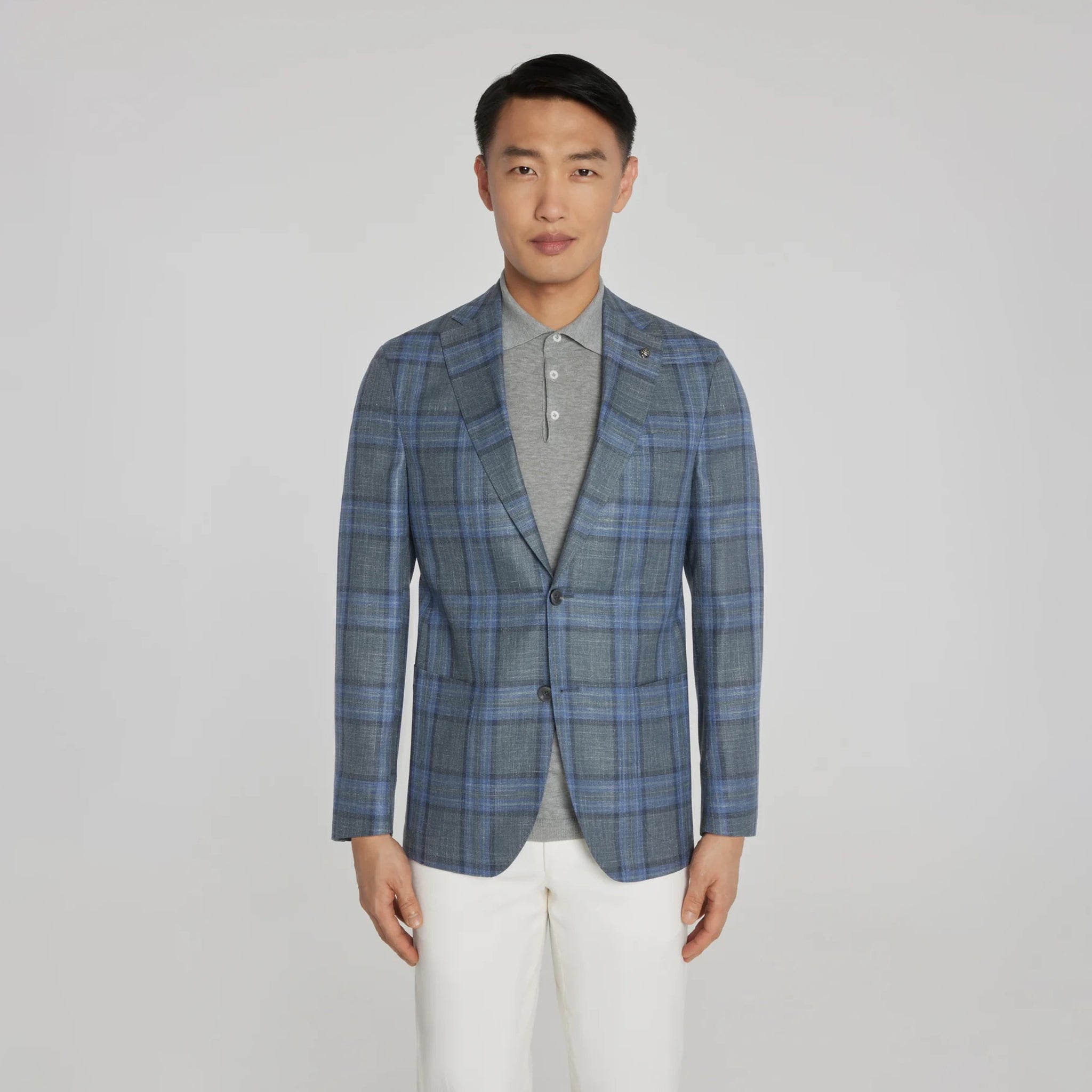 Grey and Blue Plaid Hampton Contemporary Fit Knit Wool/Silk/Linen Loro Piana Blazer - Jack Victor - Boutique Jacques International
