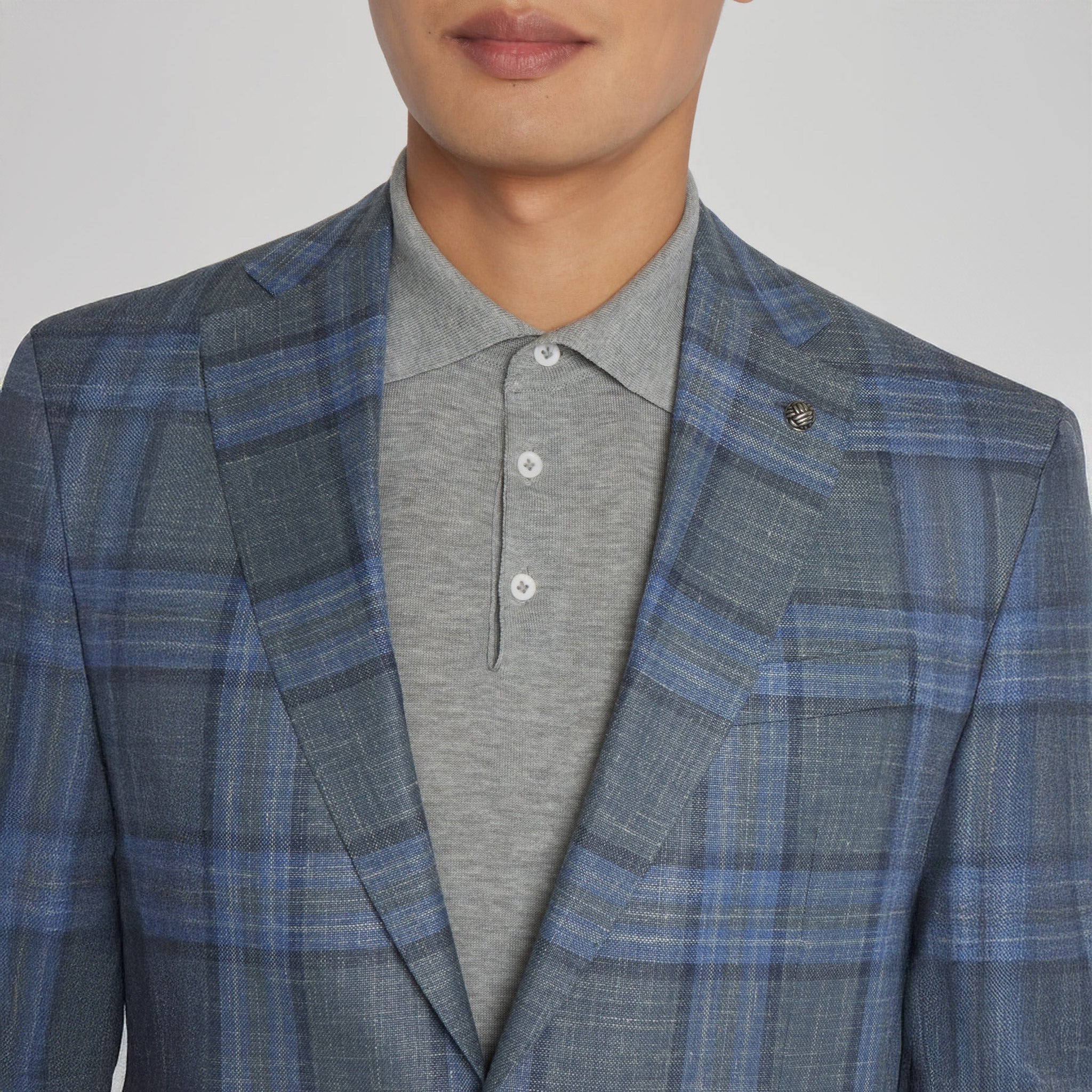 Grey and Blue Plaid Hampton Contemporary Fit Knit Wool/Silk/Linen Loro Piana Blazer - Jack Victor - Boutique Jacques International