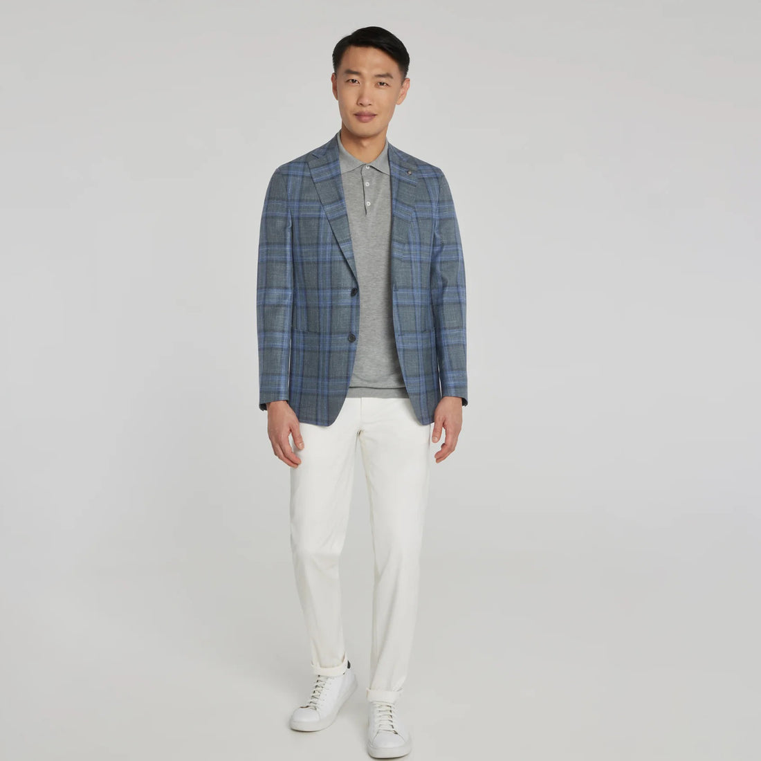 Grey and Blue Plaid Hampton Contemporary Fit Knit Wool/Silk/Linen Loro Piana Blazer - Jack Victor - Boutique Jacques International
