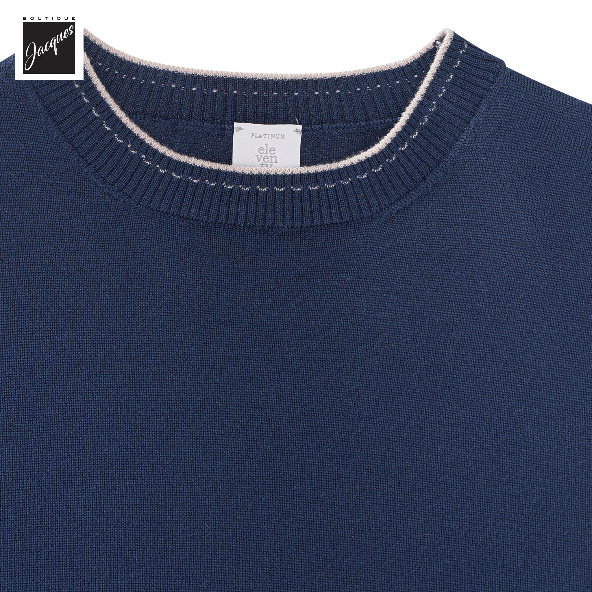 Navy Blue Wool Crewneck Sweater with Sand Stitch Trims - ELEVENTY PLATINUM