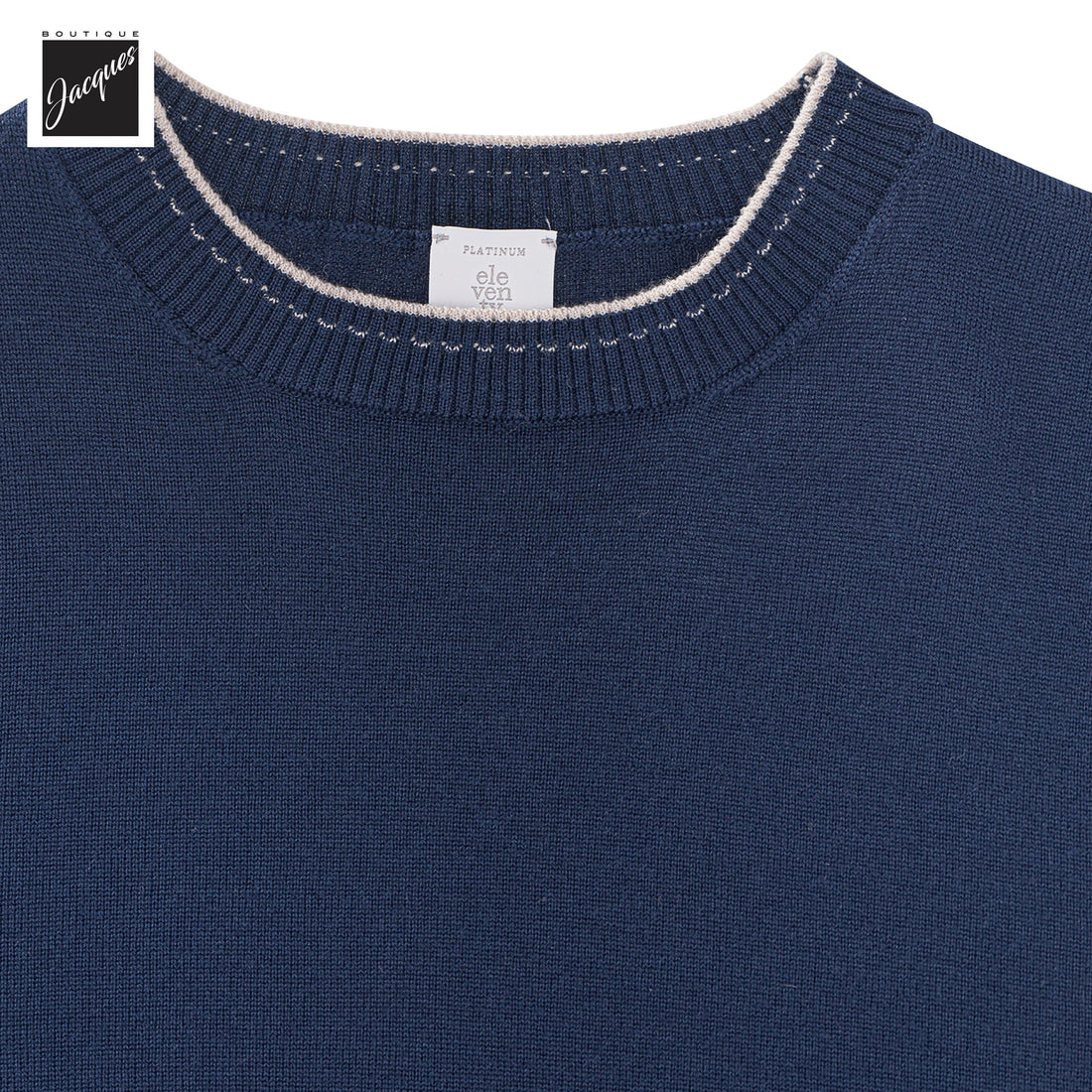 Navy Blue Wool Crewneck Sweater with Sand Stitch Trims - ELEVENTY PLATINUM