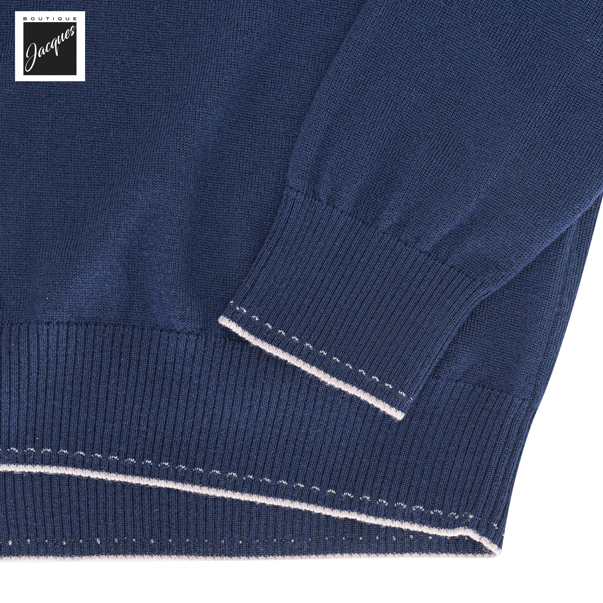 Navy Blue Wool Crewneck Sweater with Sand Stitch Trims - ELEVENTY PLATINUM