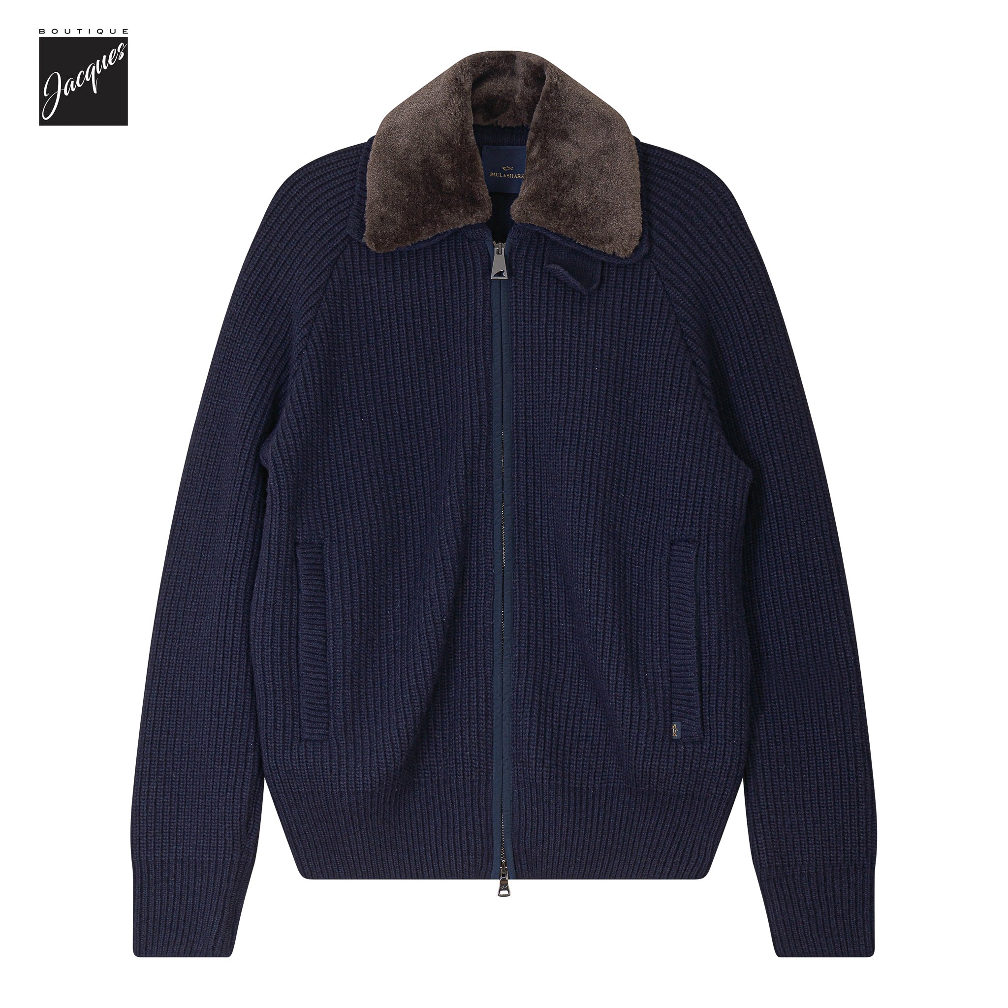 Navy Shark Tag Re-Wool Hybrid Sweater with Detachable Collar - Paul & Shark