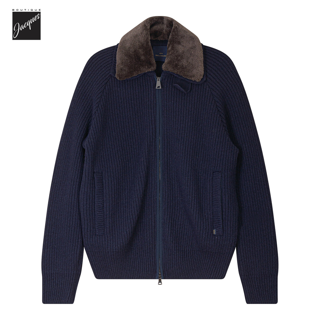 Navy Shark Tag Re-Wool Hybrid Sweater with Detachable Collar - Paul & Shark