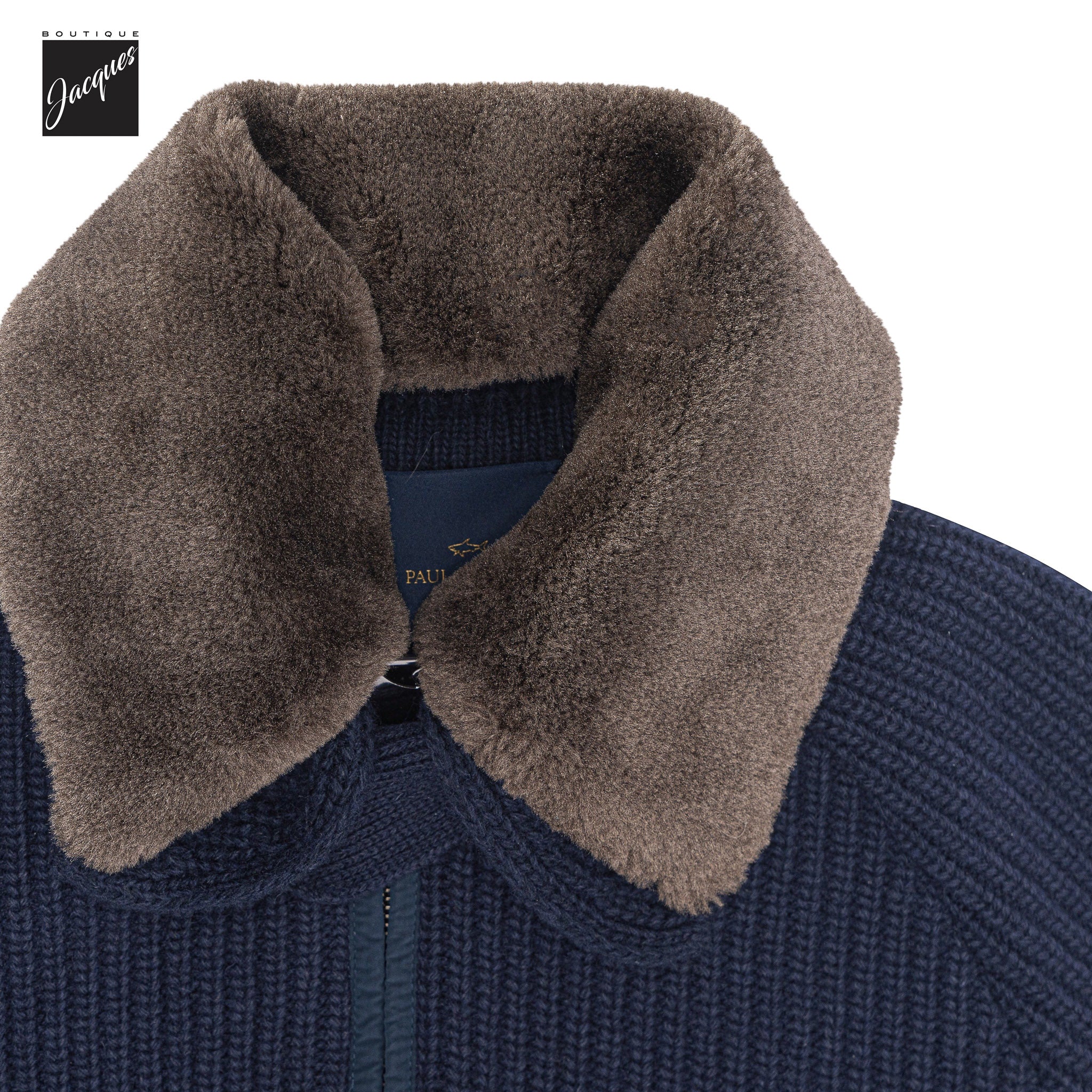 Navy Shark Tag Re-Wool Hybrid Sweater with Detachable Collar - Paul & Shark