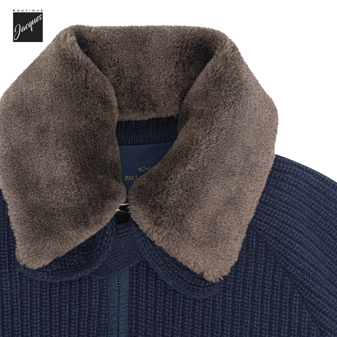 Navy Shark Tag Re-Wool Hybrid Sweater with Detachable Collar - Paul & Shark