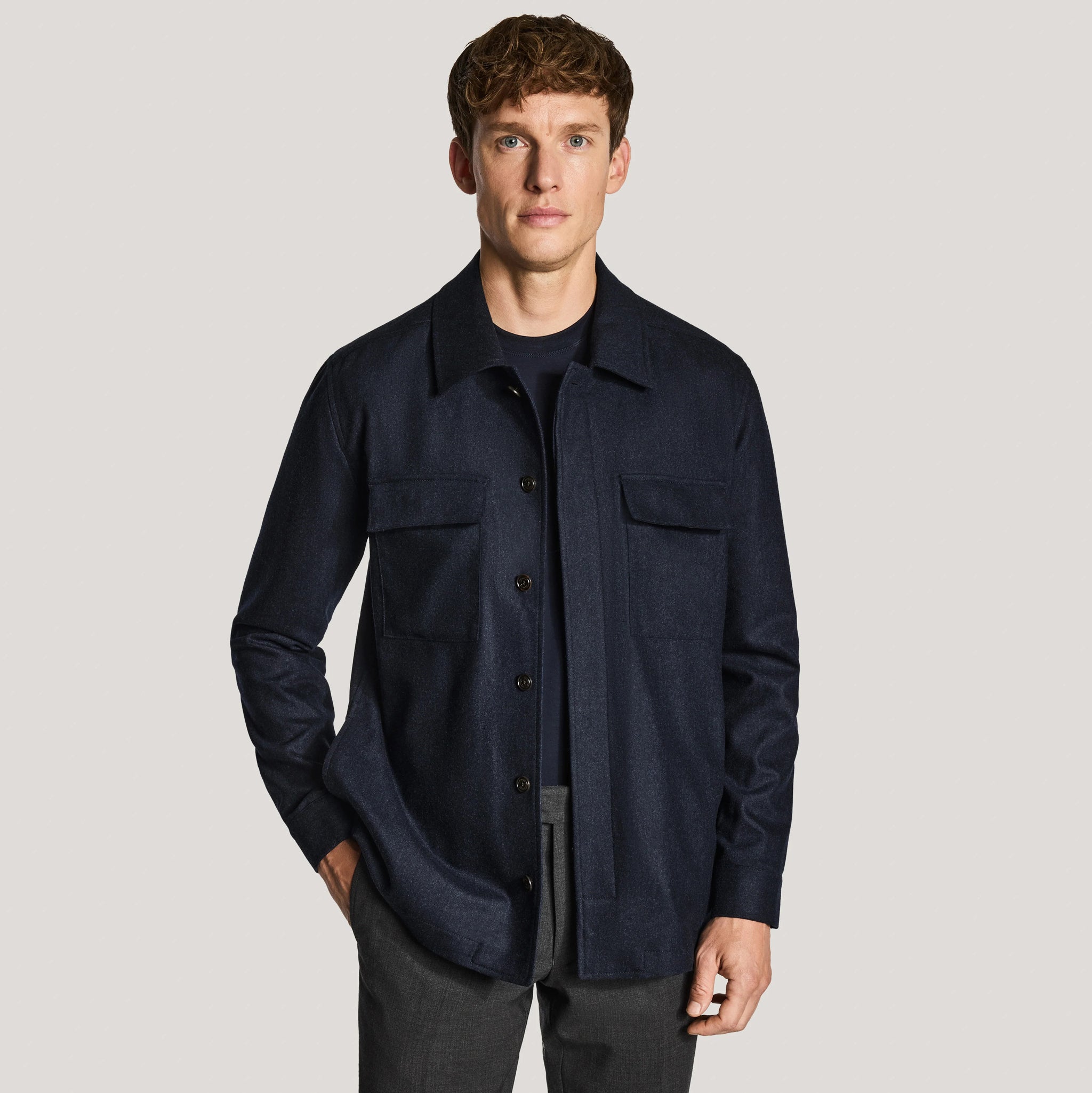 Navy Blue Wool-Stretch Colbey Overshirt - Jack Victor