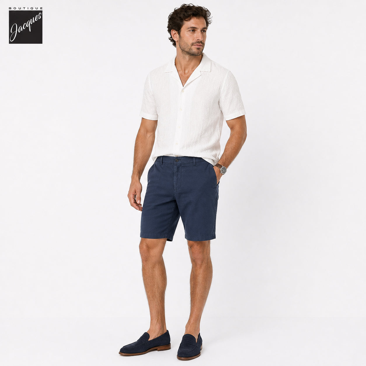 Avio Blue Lyocell-Linen Elax Bermuda Shorts - Berwich - Boutique Jacques International