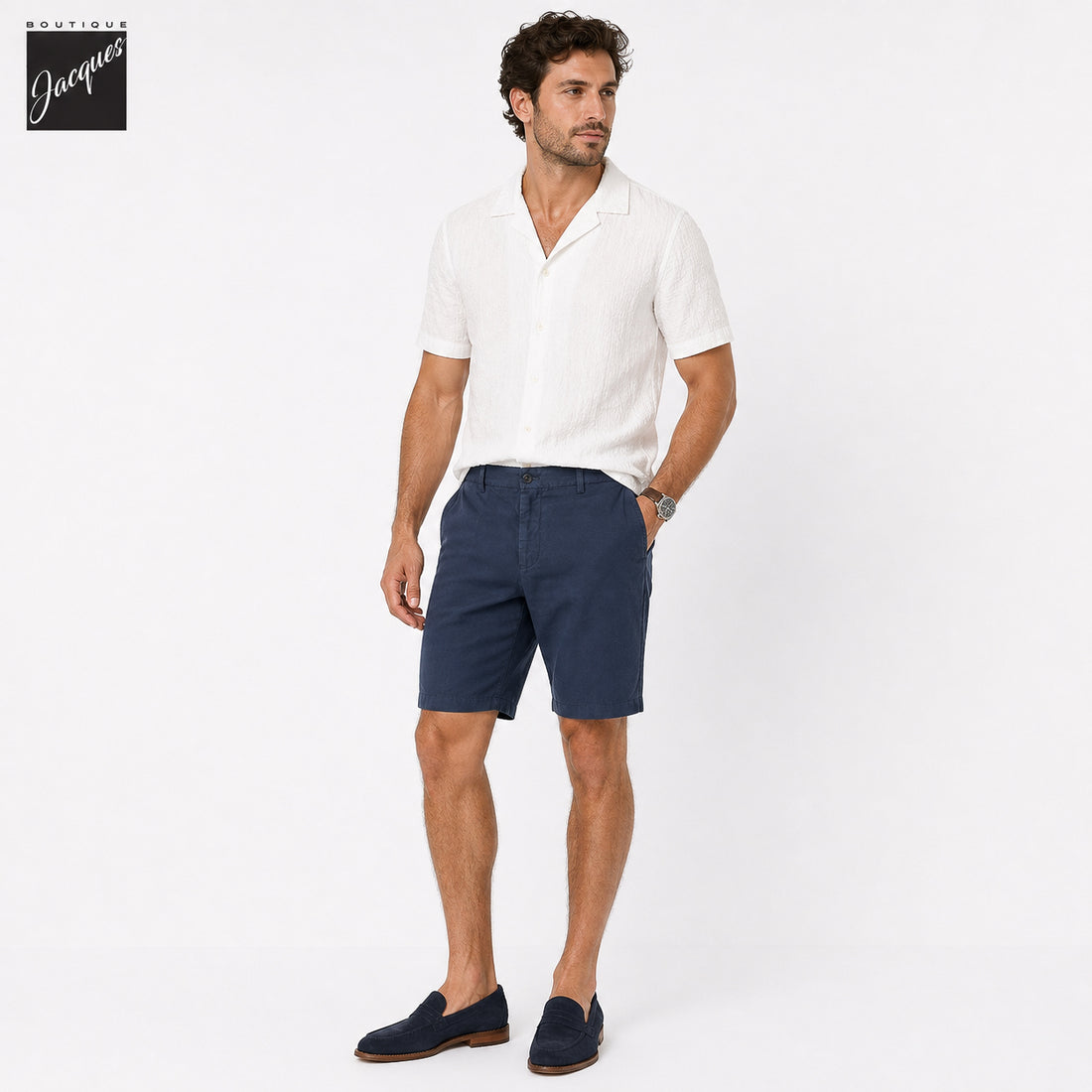 Avio Blue Lyocell-Linen Elax Bermuda Shorts - Berwich - Boutique Jacques International