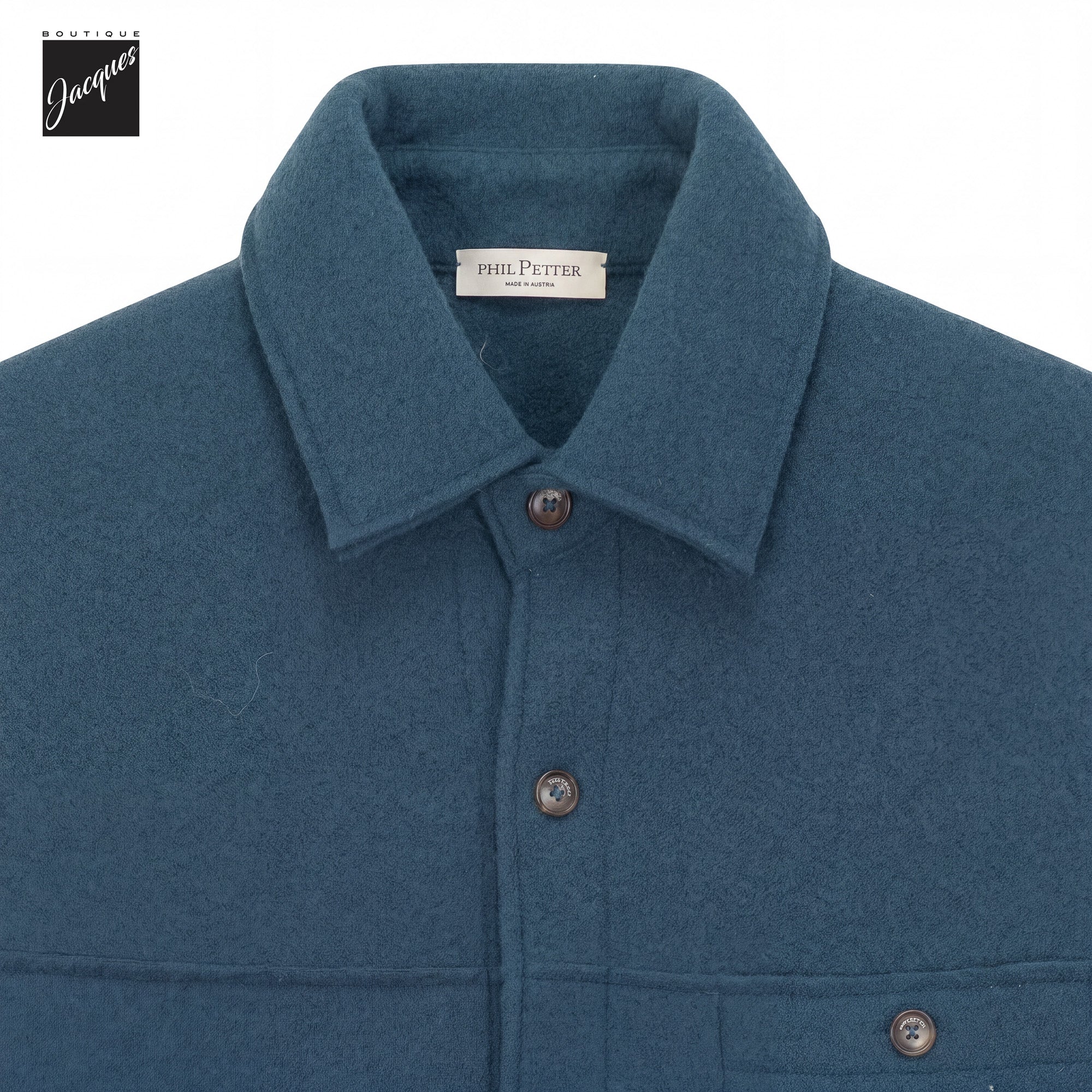 Dark teal green boiled wool laser-cut overshirt by Phil Petter, contemporary fit