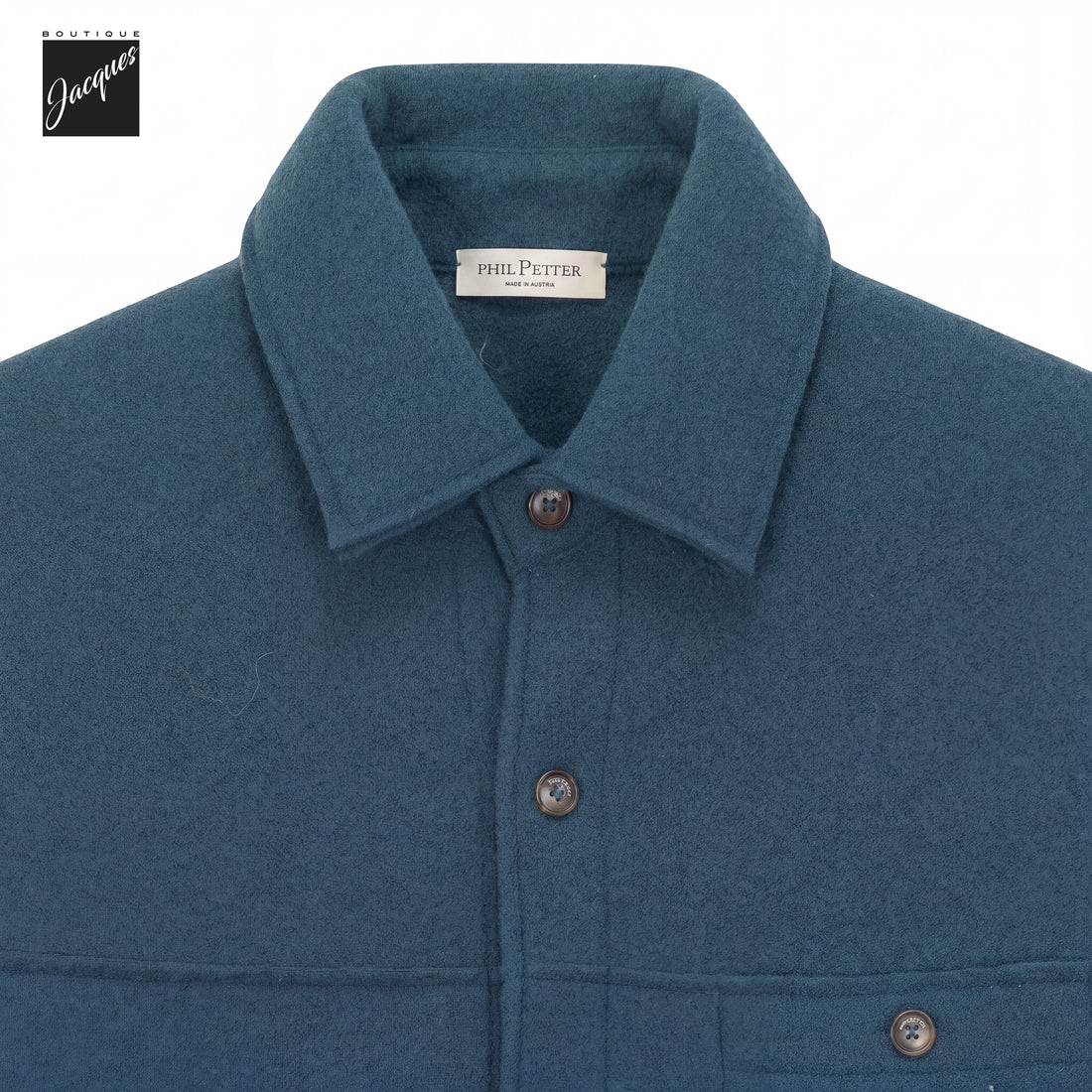 Dark teal green boiled wool laser-cut overshirt by Phil Petter, contemporary fit