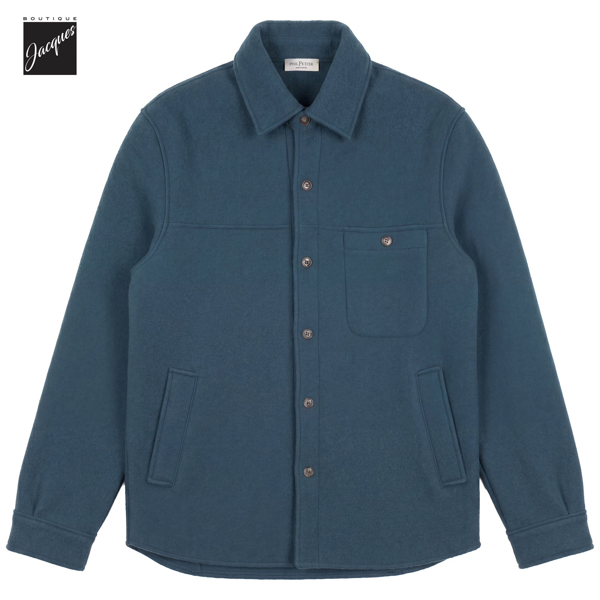 Dark teal green boiled wool laser-cut overshirt by Phil Petter, contemporary fit