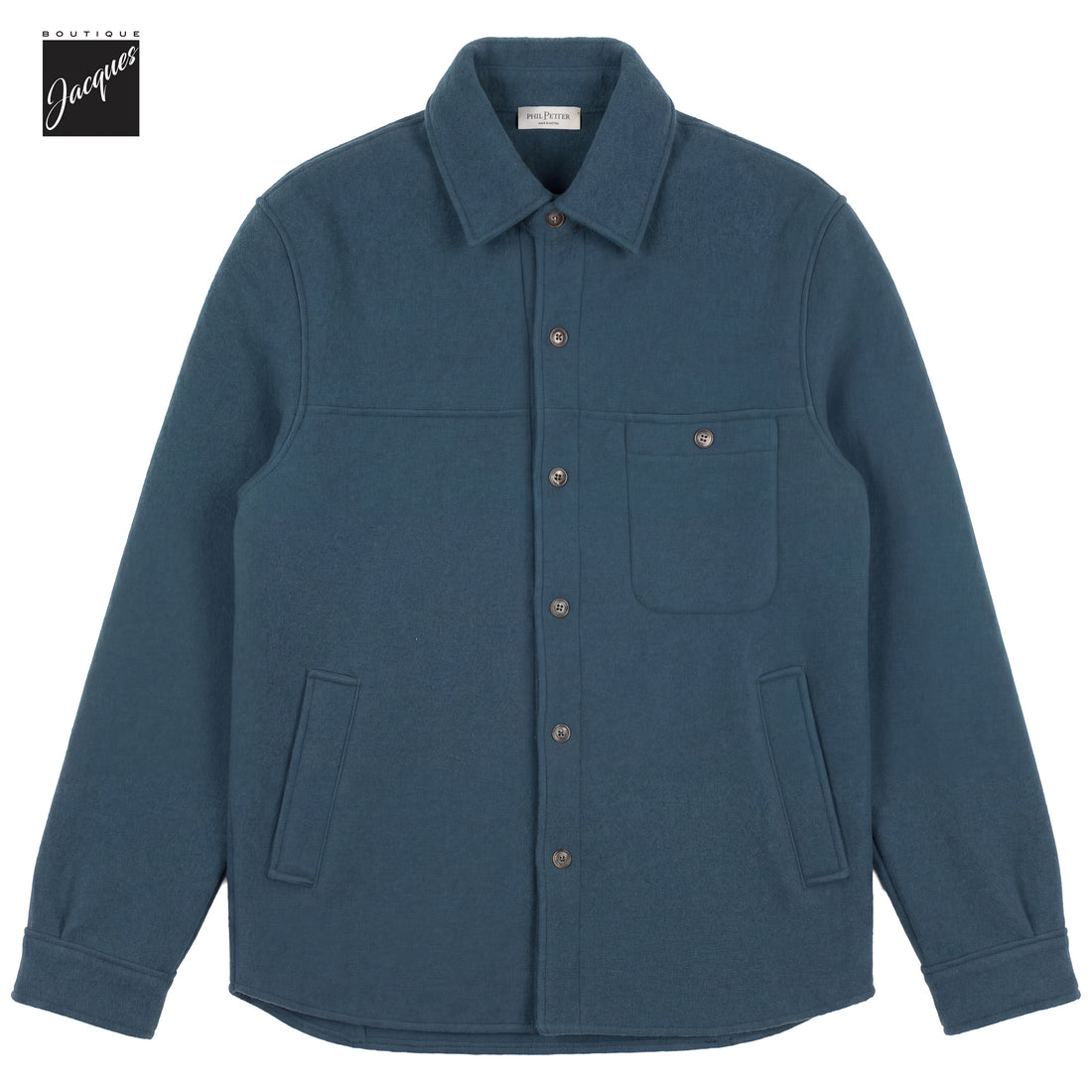 Dark teal green boiled wool laser-cut overshirt by Phil Petter, contemporary fit