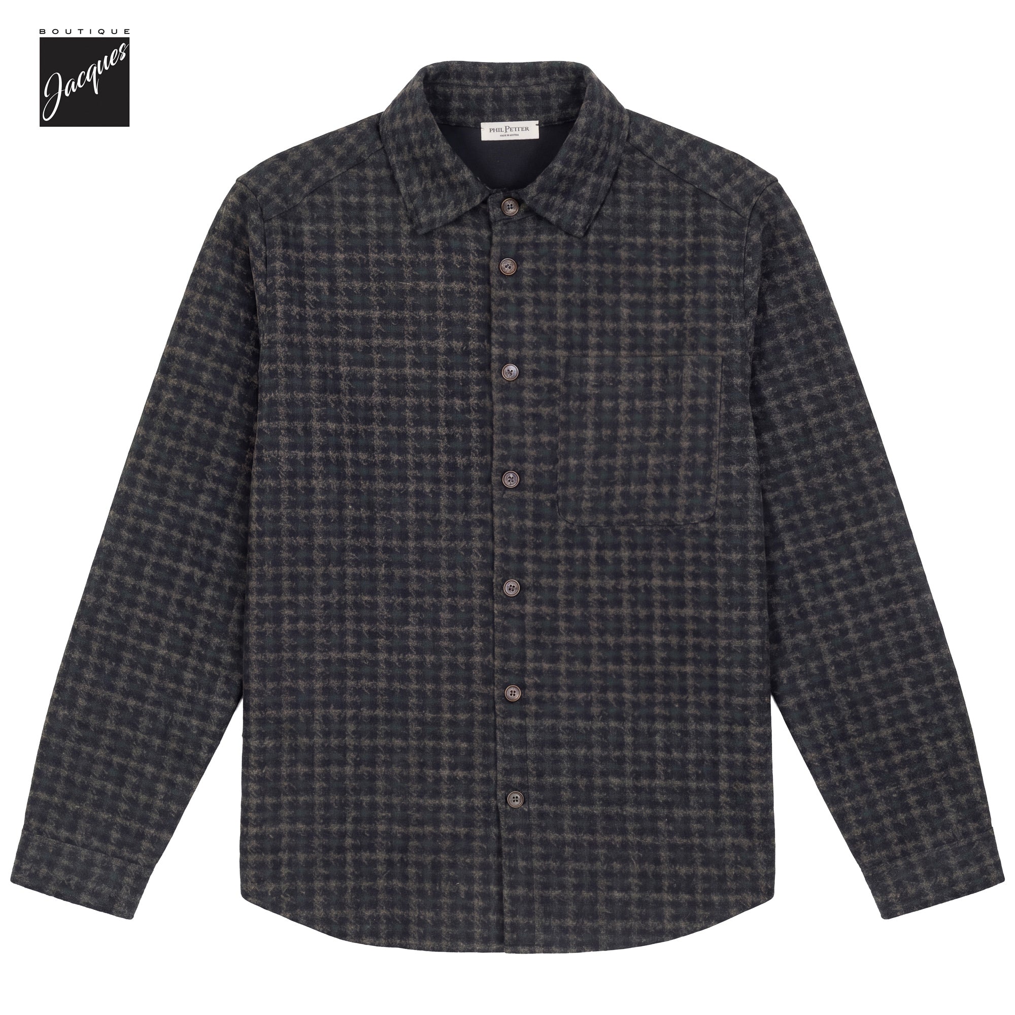 Brown and green houndstooth wool-cotton blend overshirt by Phil Petter