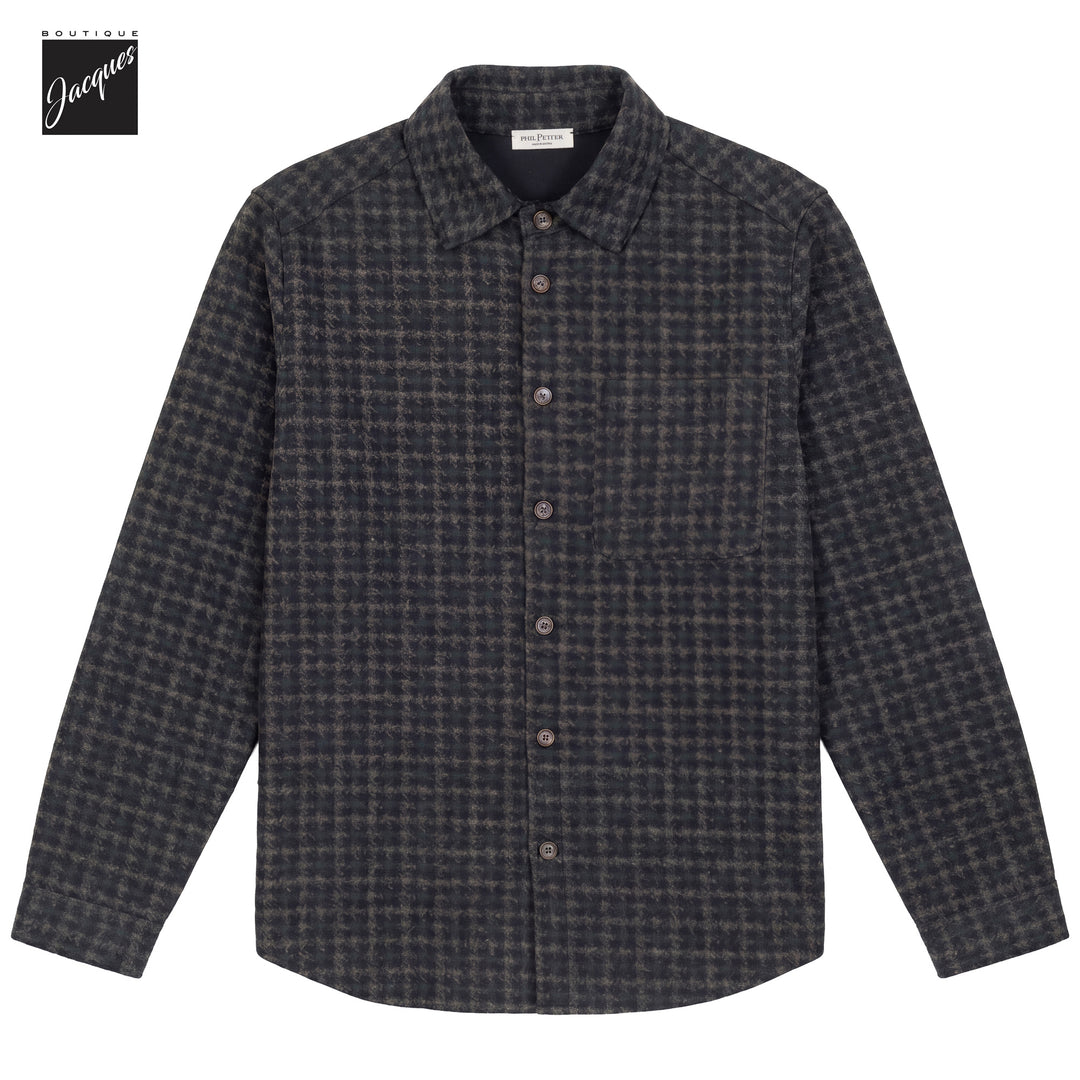 Brown & Green Houndstooth Wool-Cotton-Blend Overshirt - Phil Petter