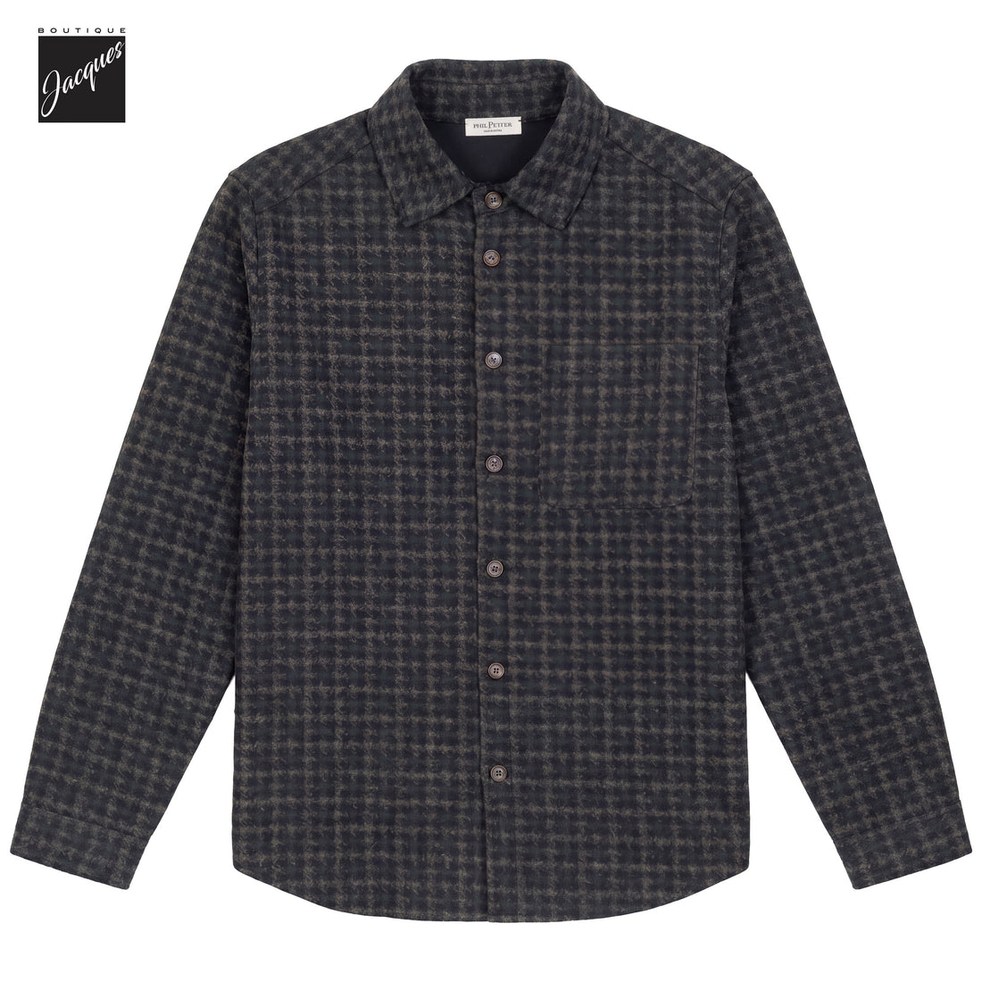 Brown and green houndstooth wool-cotton blend overshirt by Phil Petter