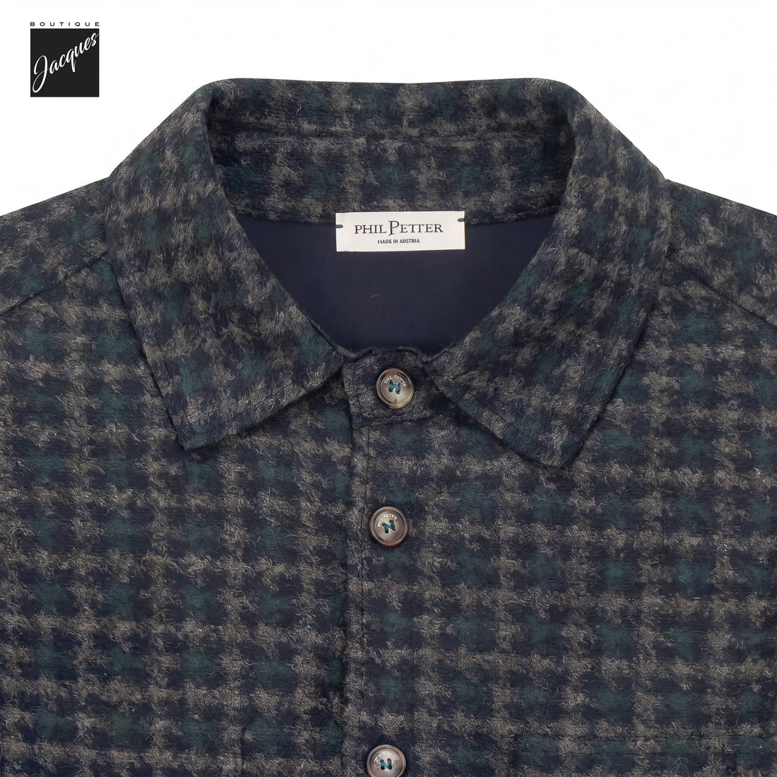 Brown and green houndstooth wool-cotton blend overshirt by Phil Petter