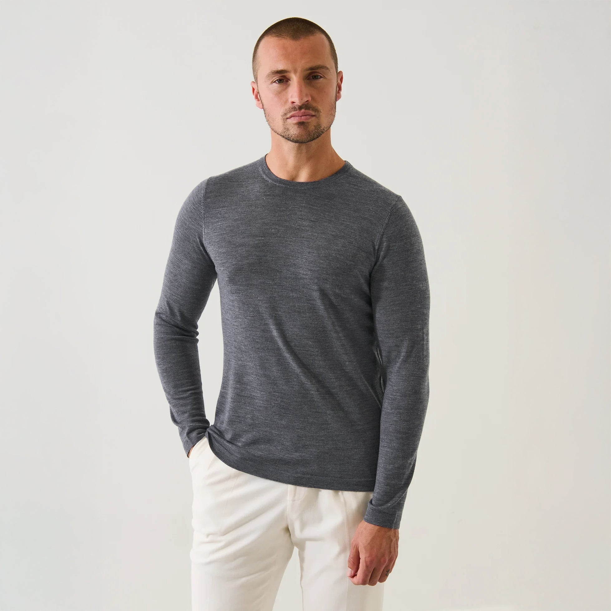 Castlerock Gray Extra-Fine Merino Wool Crew Neck Sweater - Patrick Assaraf