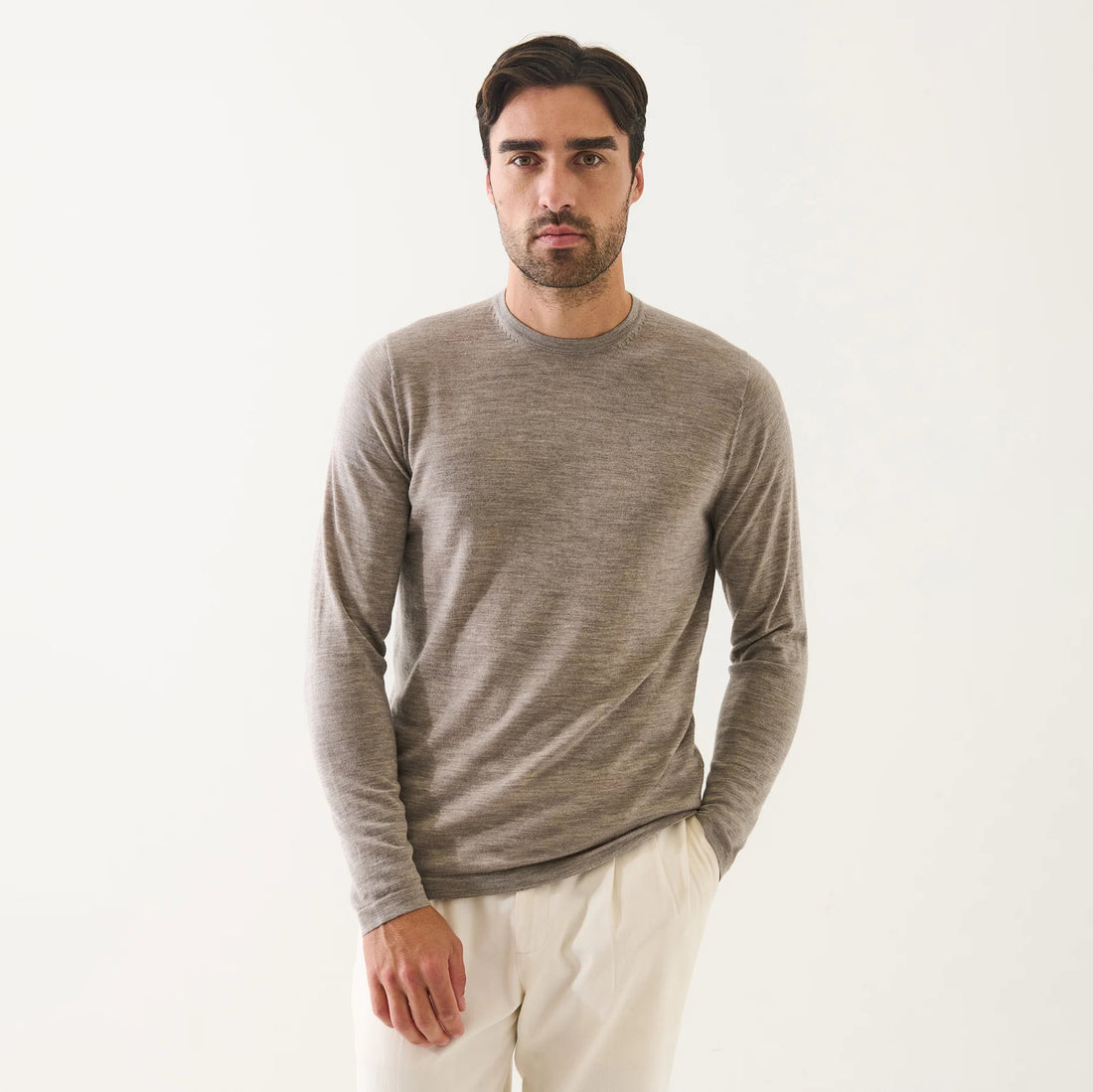 Caffé Beige Extra-Fine Merino Wool Crew Neck Sweater - Patrick Assaraf