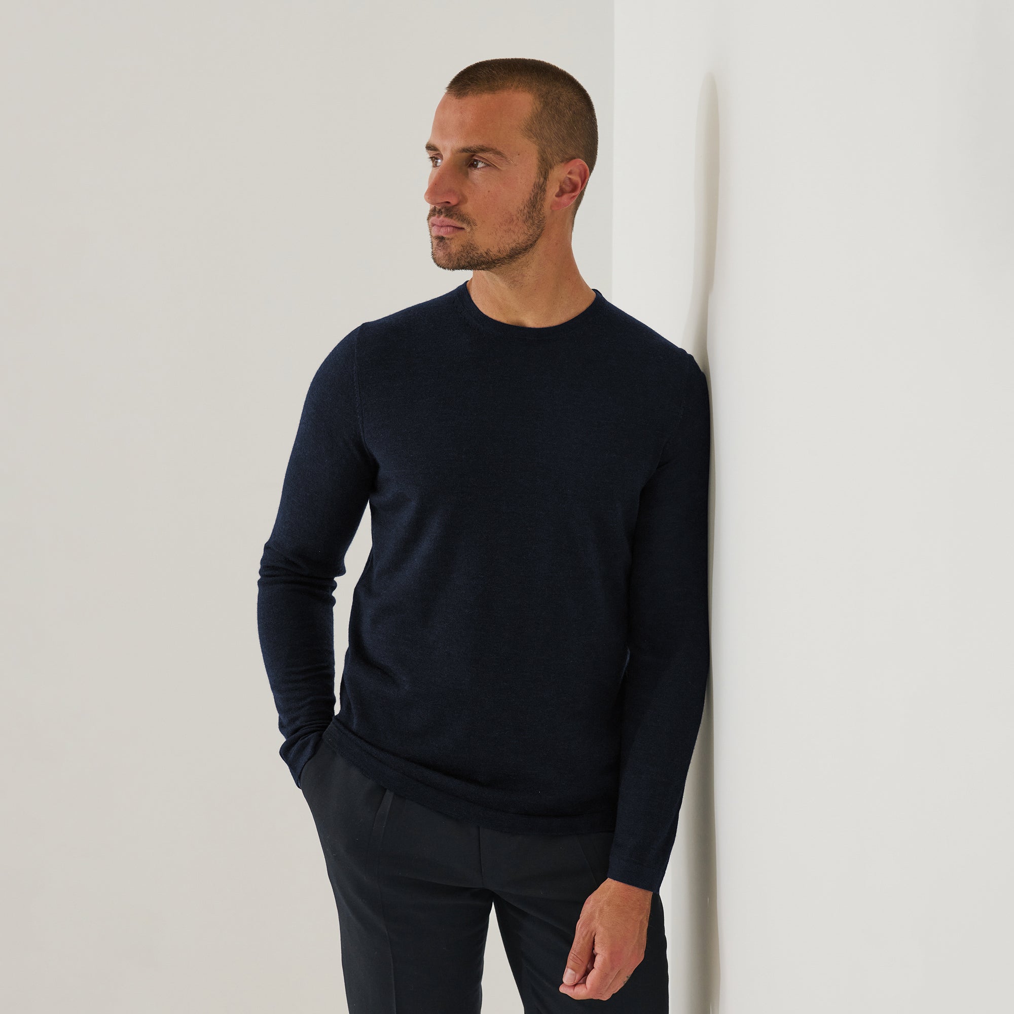 Midnight Mouliné Extra-Fine Merino Wool Crew Neck Sweater - Patrick Assaraf