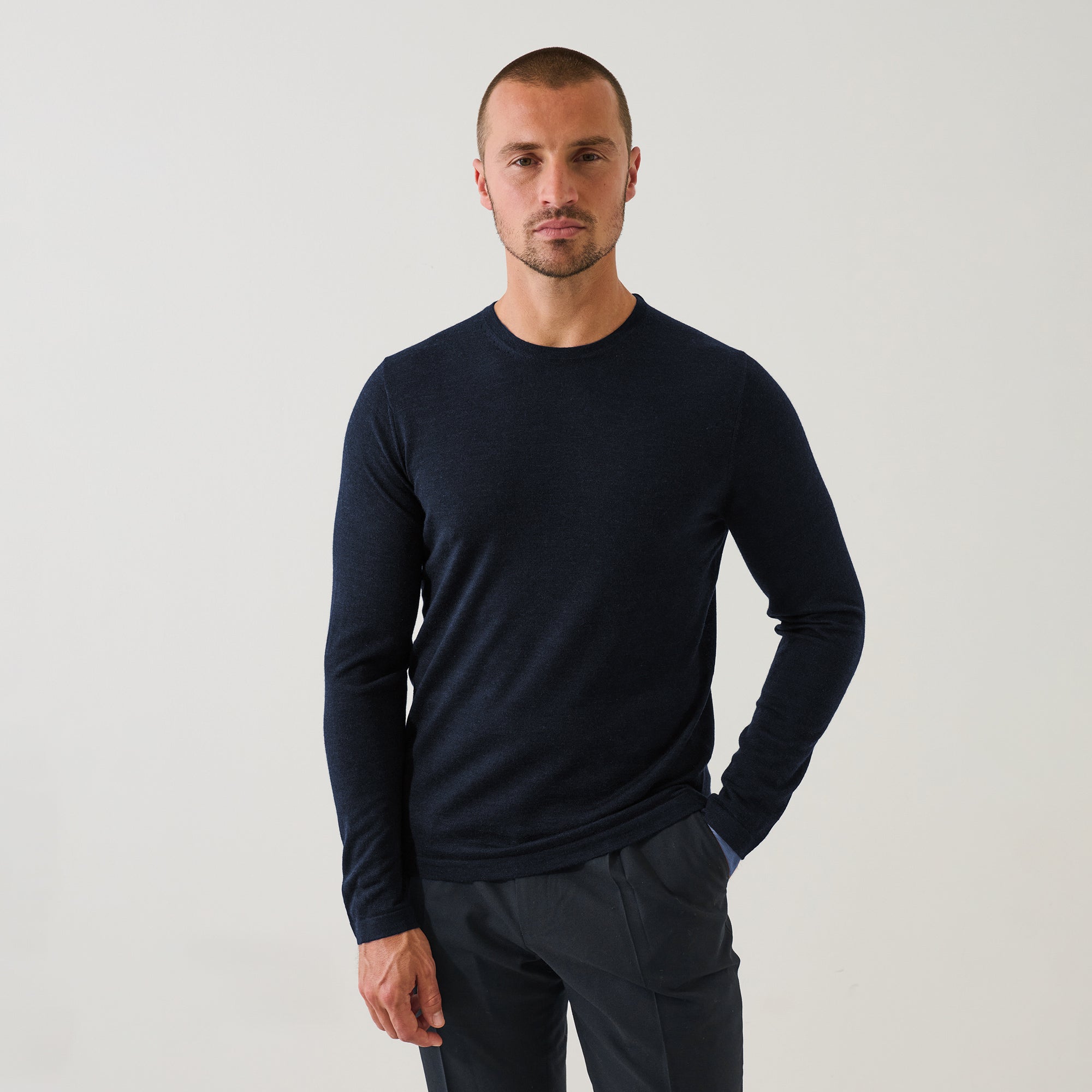 Midnight Mouliné Extra-Fine Merino Wool Crew Neck Sweater - Patrick Assaraf
