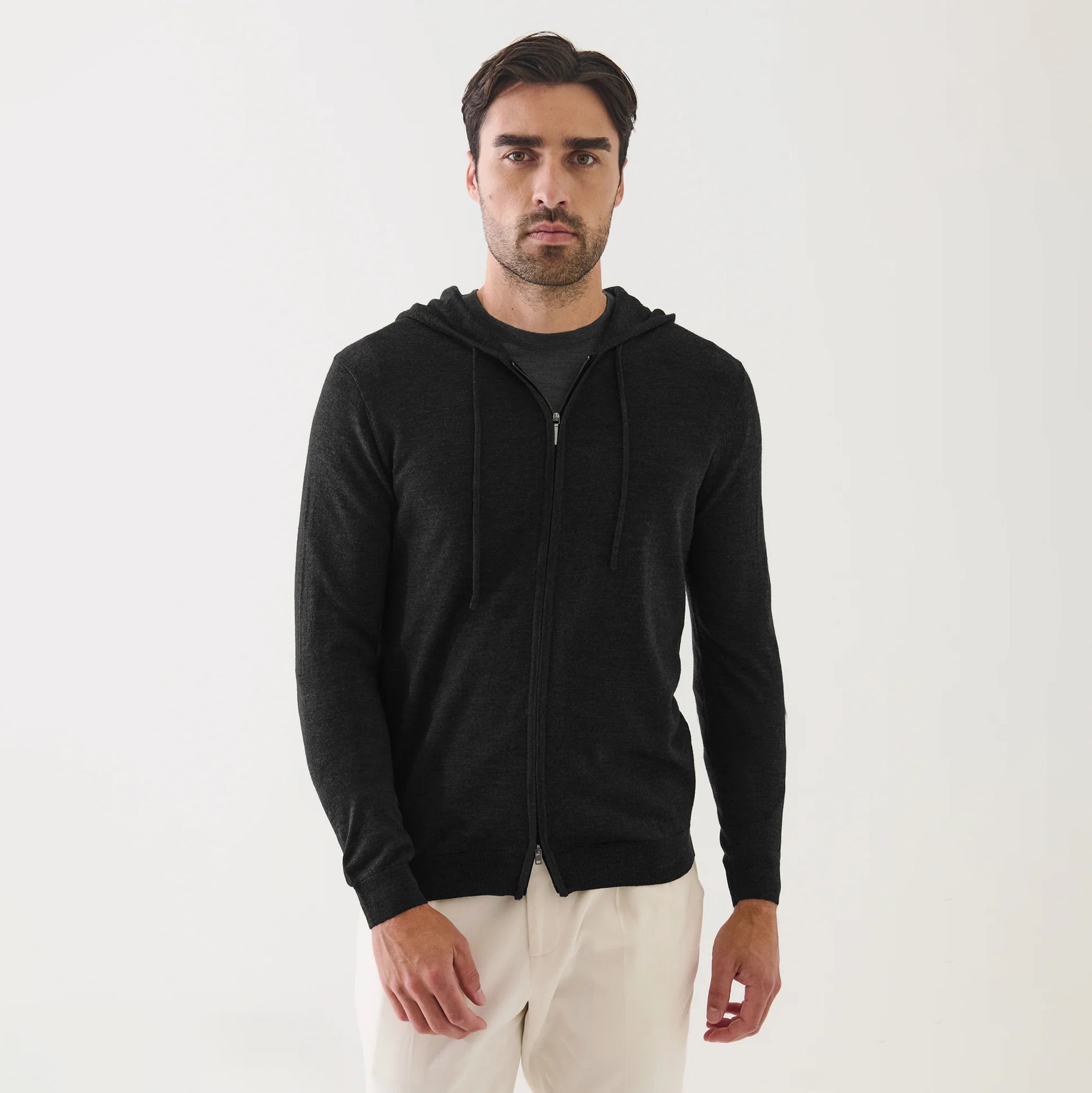 Black Extrafine Merino Wool Full-Zip Hoodie - Patrick Assaraf