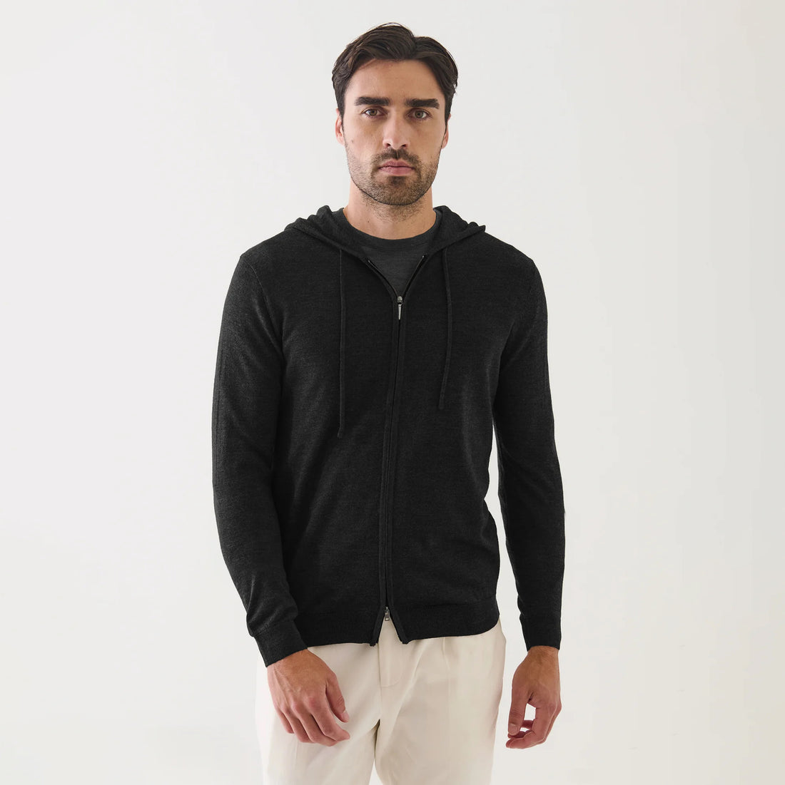 Black Extrafine Merino Wool Full-Zip Hoodie - Patrick Assaraf