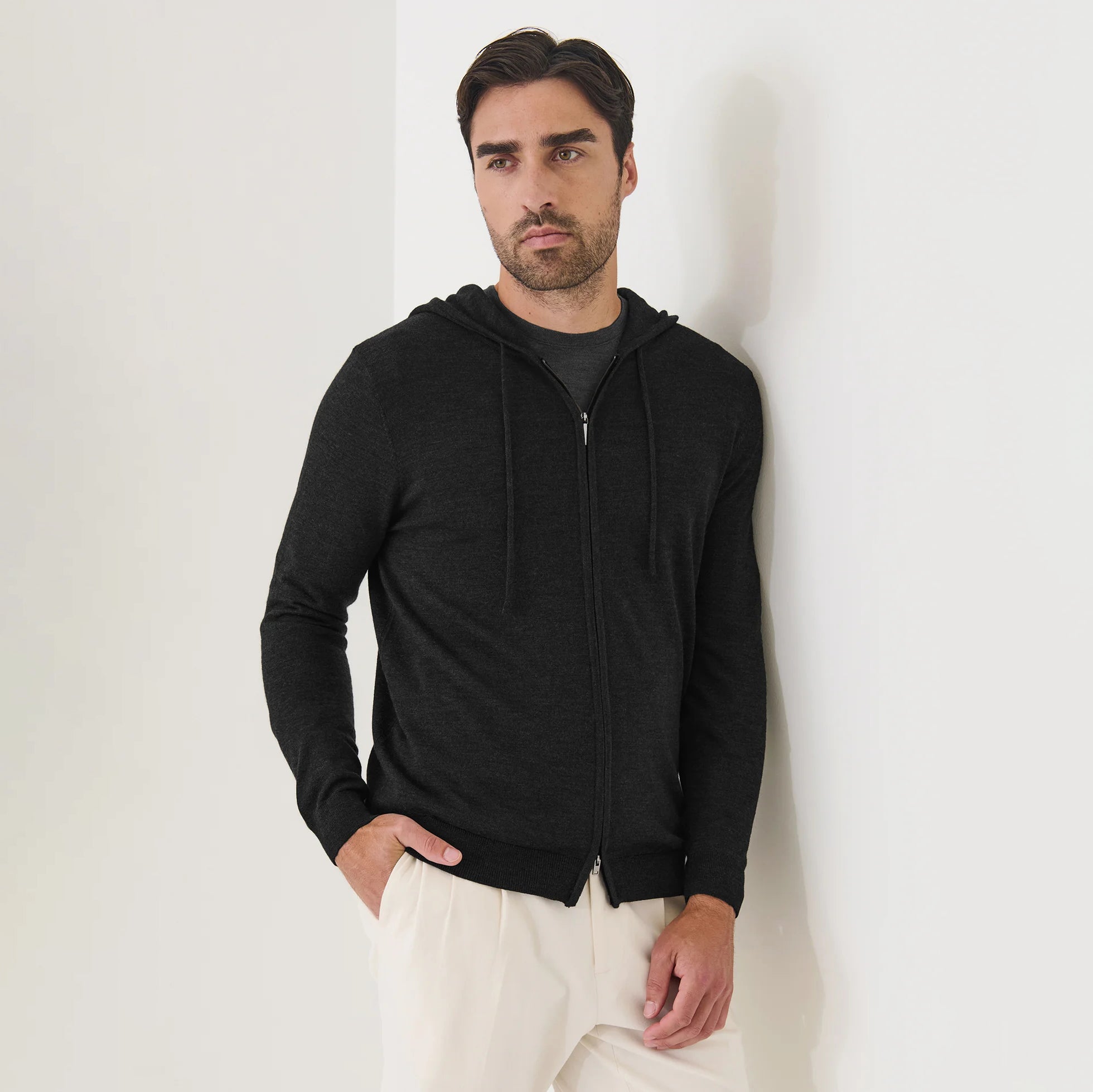 Black Extrafine Merino Wool Full-Zip Hoodie - Patrick Assaraf