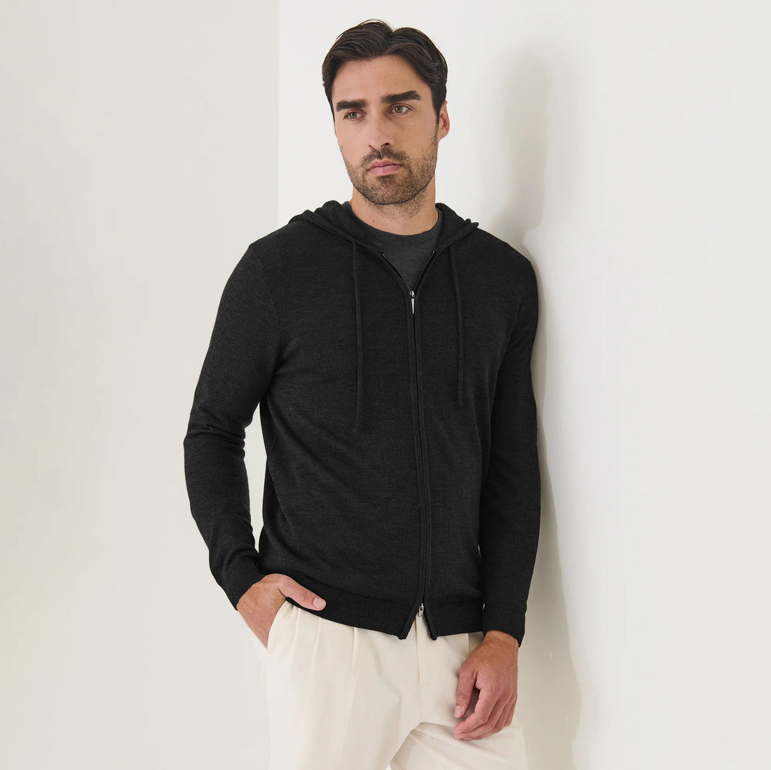 Black Extrafine Merino Wool Full-Zip Hoodie - Patrick Assaraf