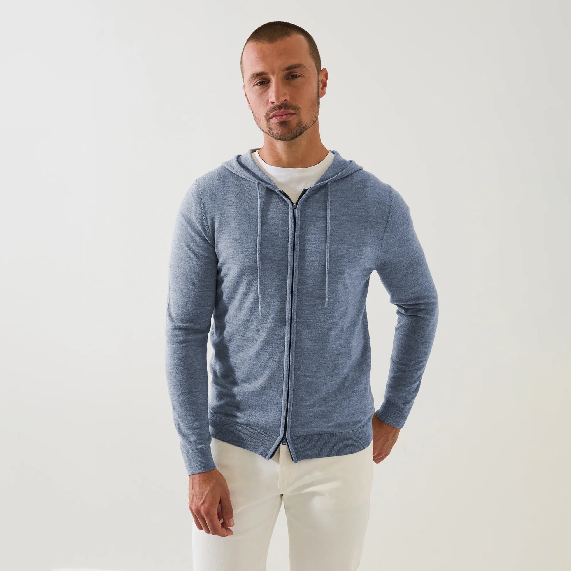Dusky Blue Extrafine Merino Wool Full-Zip Hoodie - Patrick Assaraf