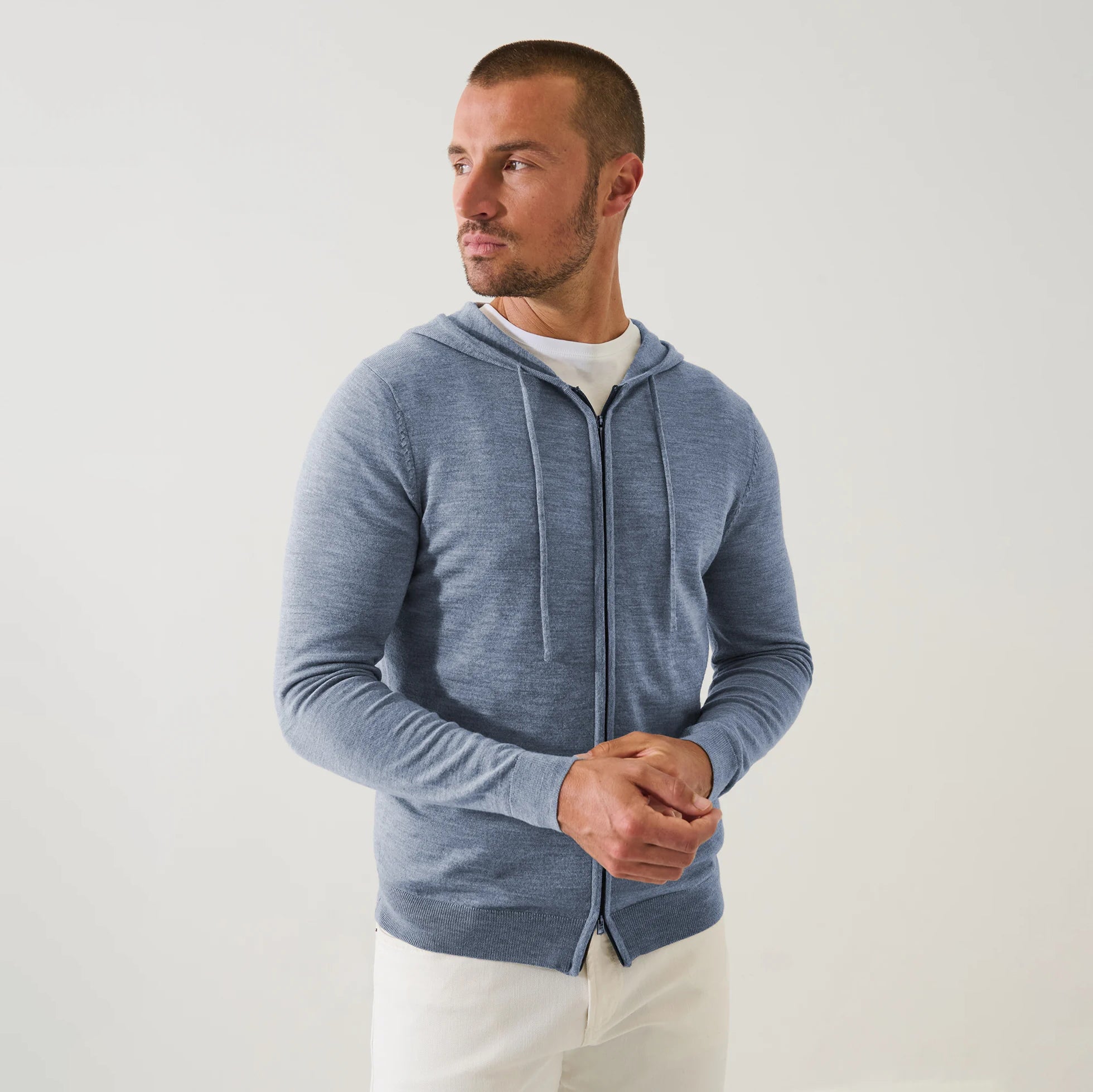 Dusky Blue Extrafine Merino Wool Full-Zip Hoodie - Patrick Assaraf