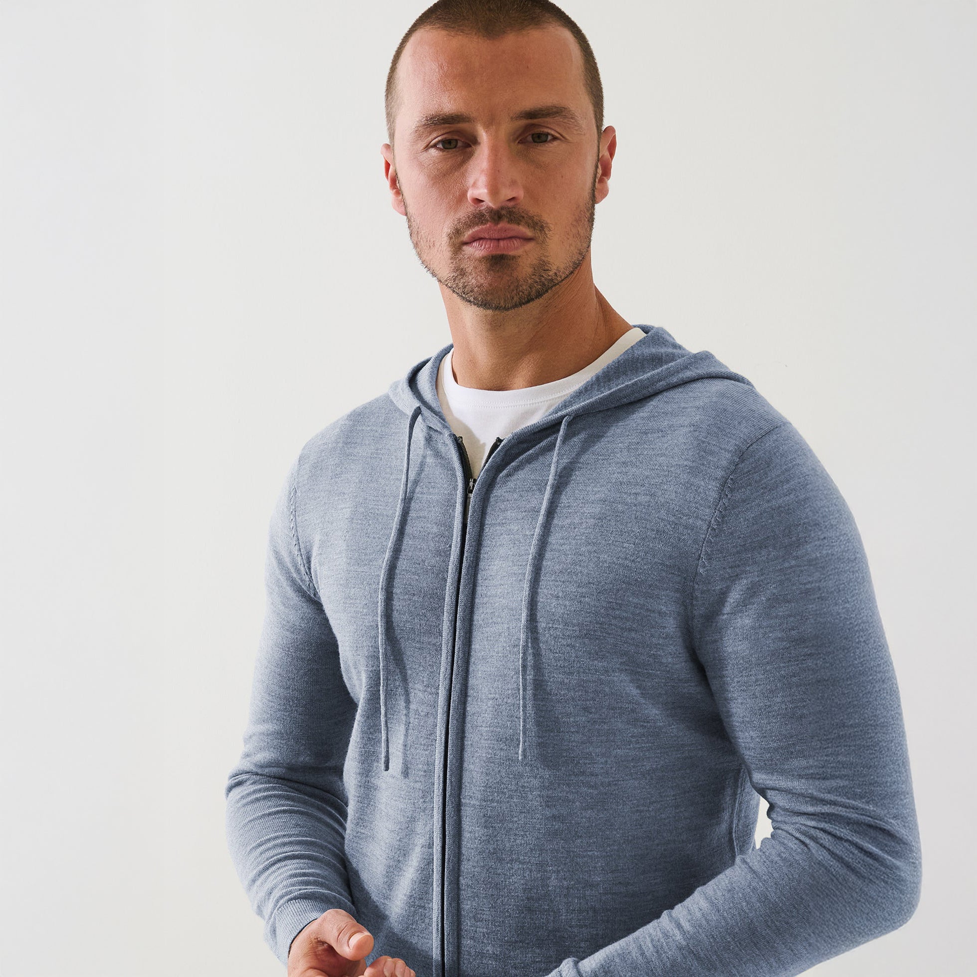 Dusky Blue Extrafine Merino Wool Full-Zip Hoodie - Patrick Assaraf