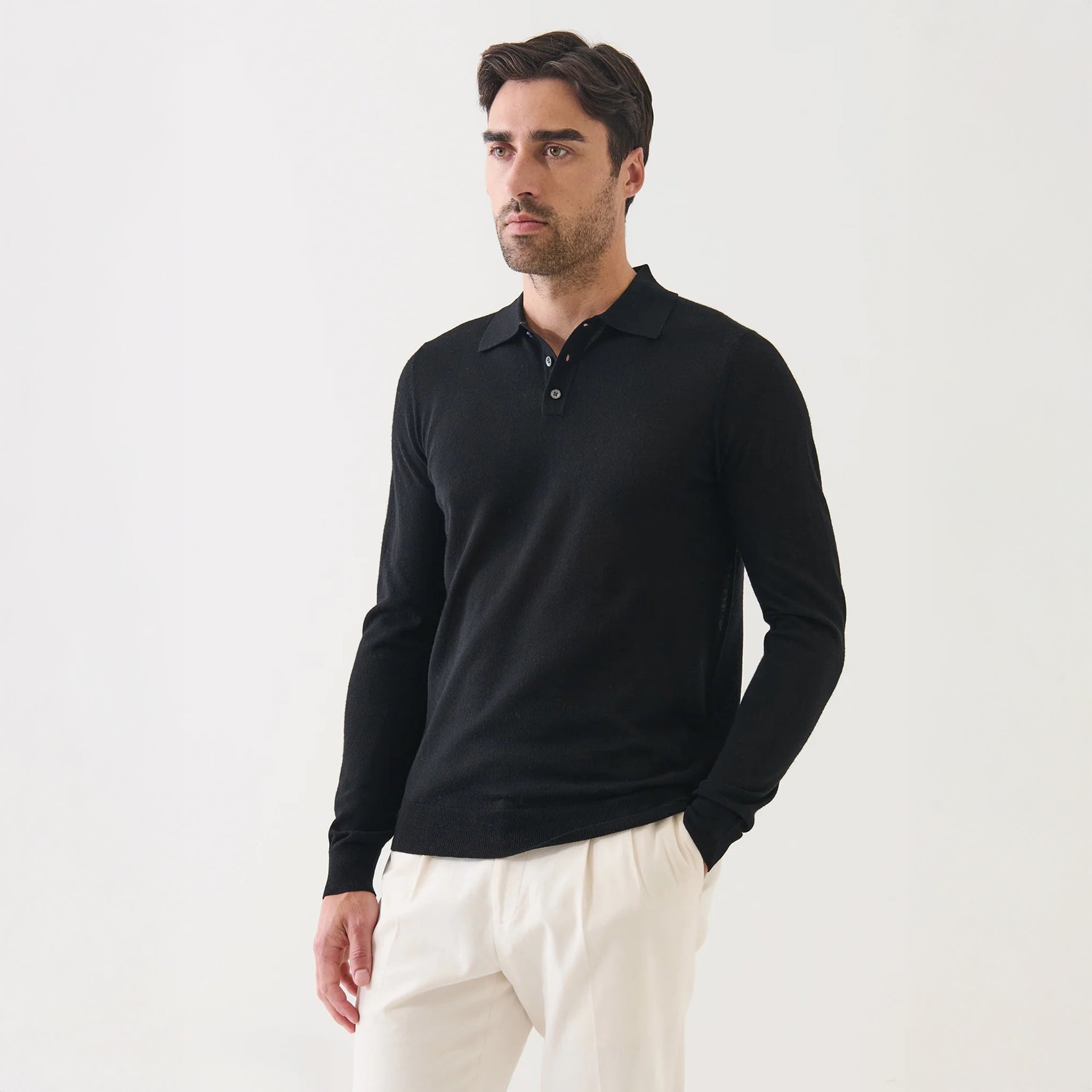 Black Extrafine Merino Wool Long Sleeve Button Polo - Patrick Assaraf