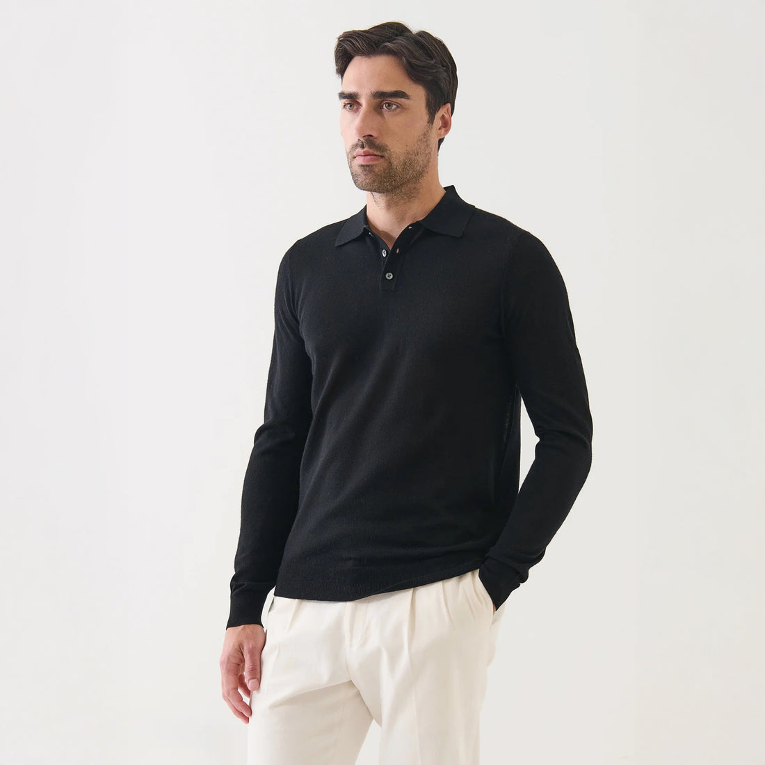 Black Extrafine Merino Wool Long Sleeve Button Polo - Patrick Assaraf