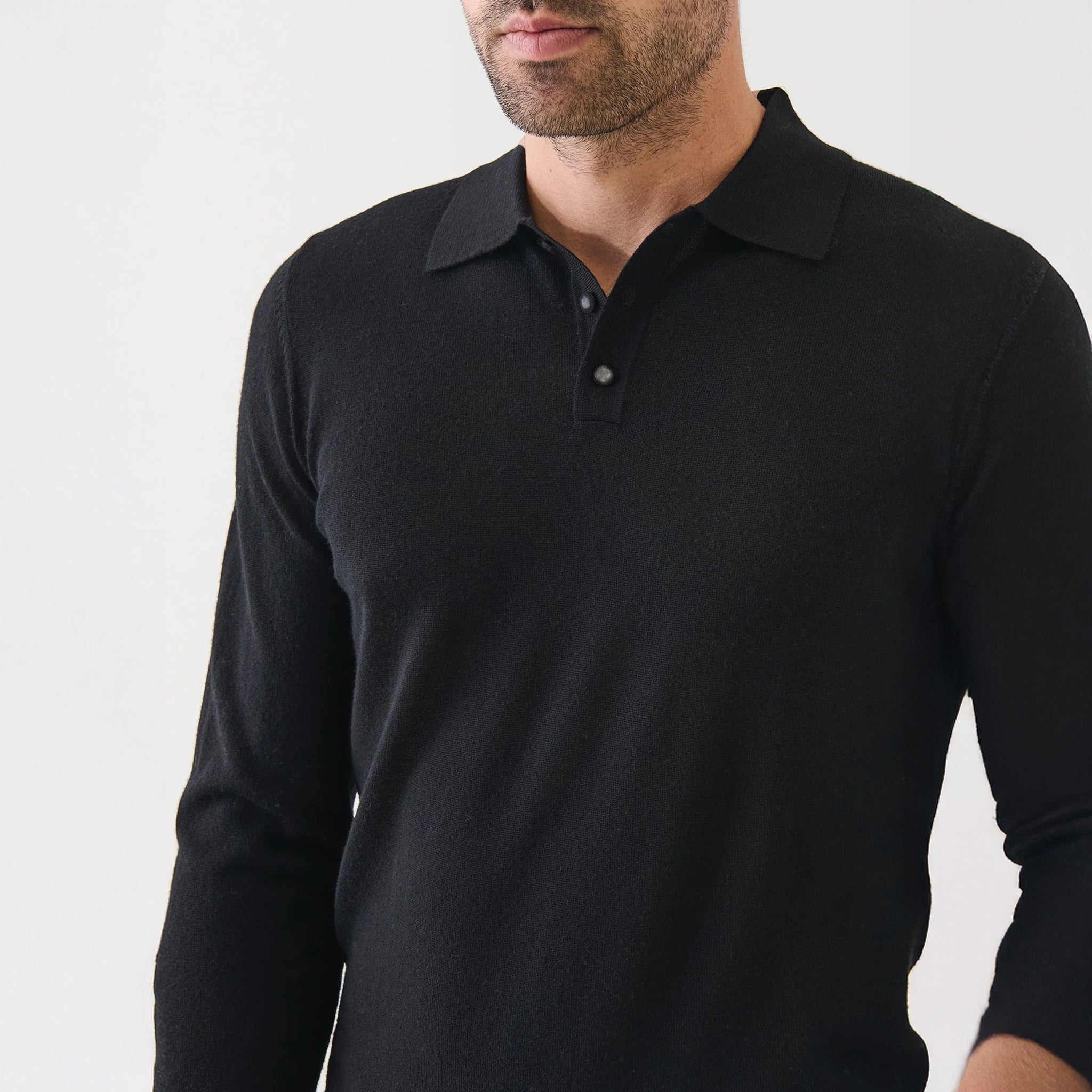 Black Extrafine Merino Wool Long Sleeve Button Polo - Patrick Assaraf