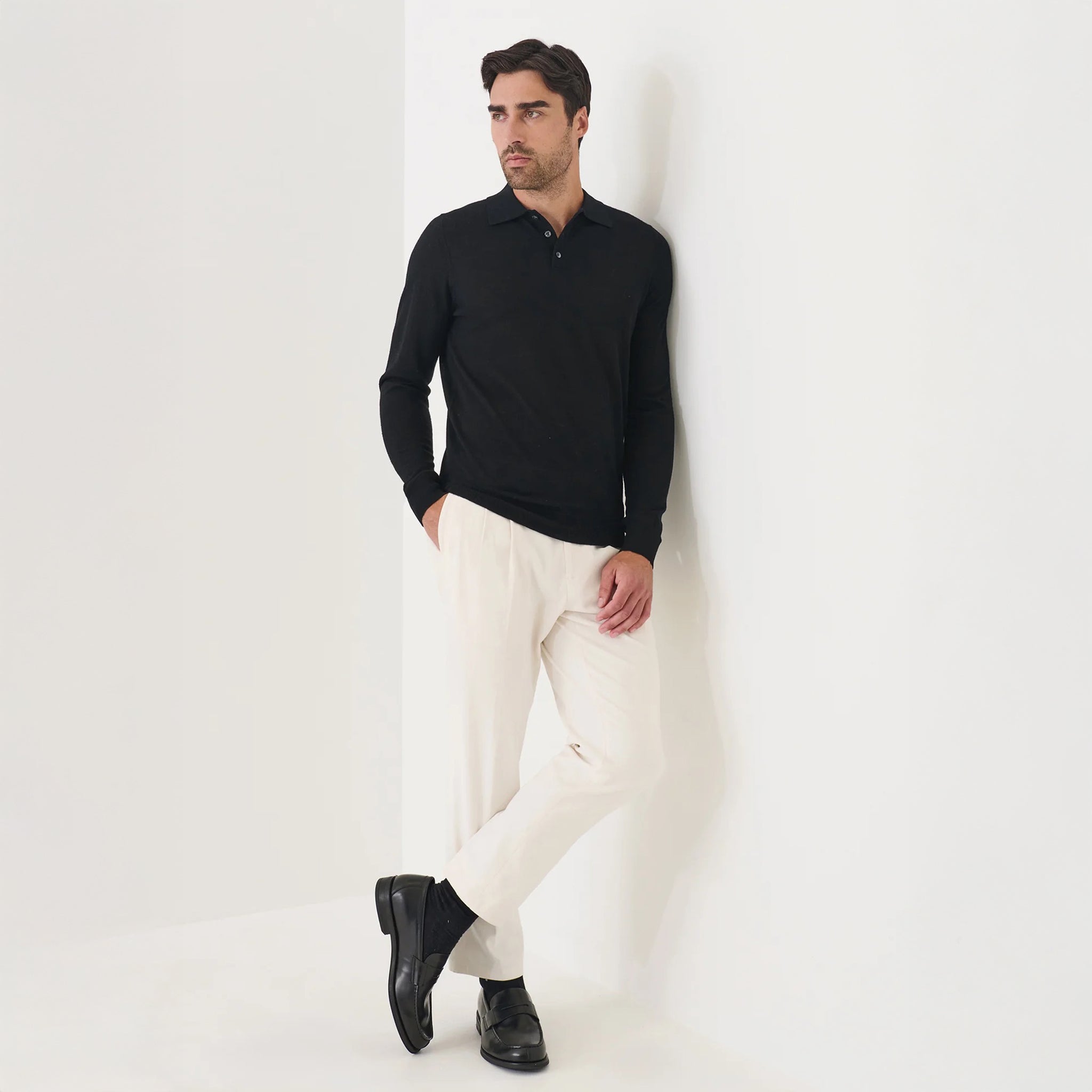 Black Extrafine Merino Wool Long Sleeve Button Polo - Patrick Assaraf