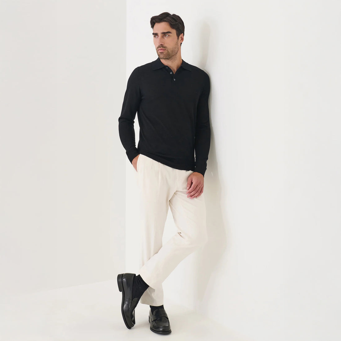 Black Extrafine Merino Wool Long Sleeve Button Polo - Patrick Assaraf