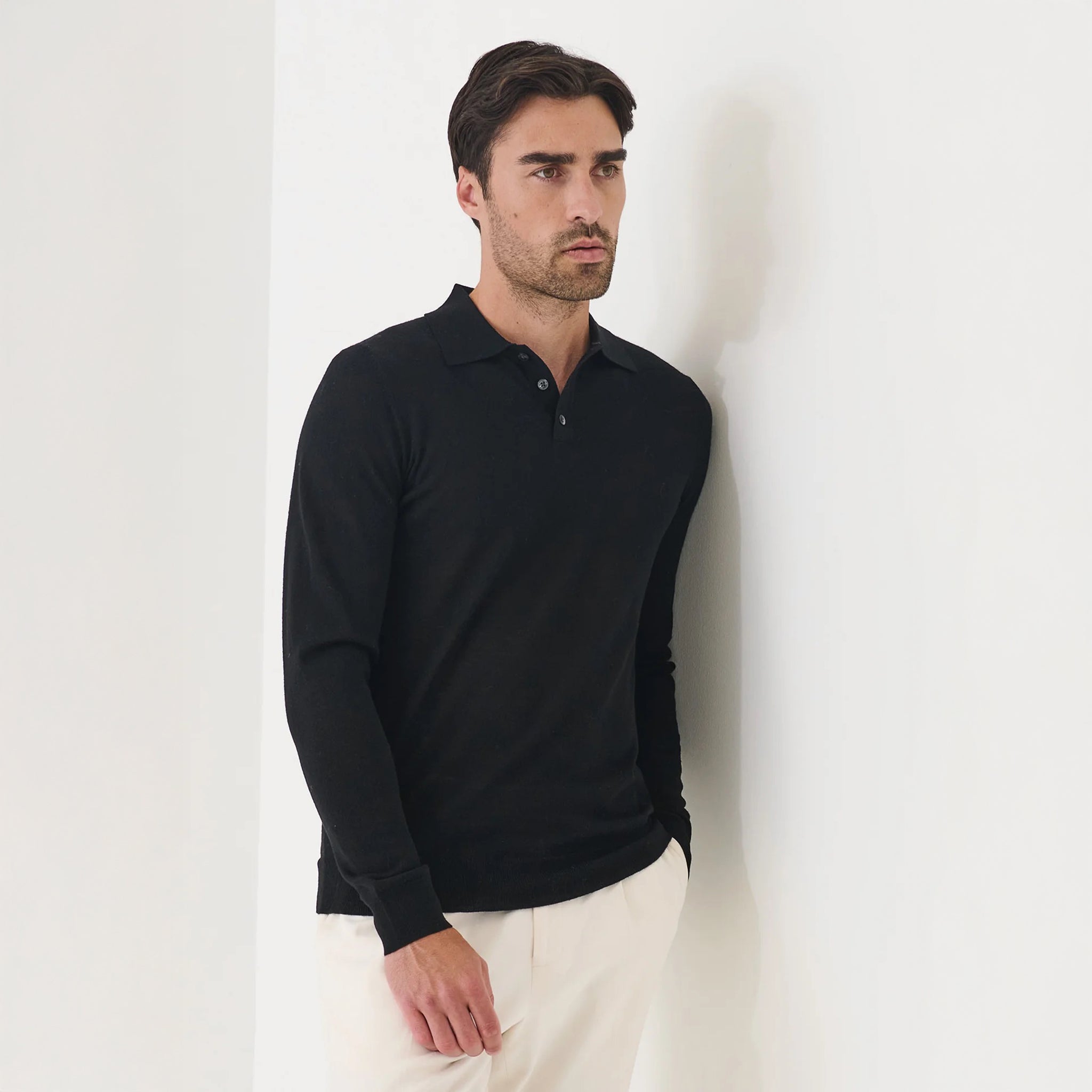Black Extrafine Merino Wool Long Sleeve Button Polo - Patrick Assaraf