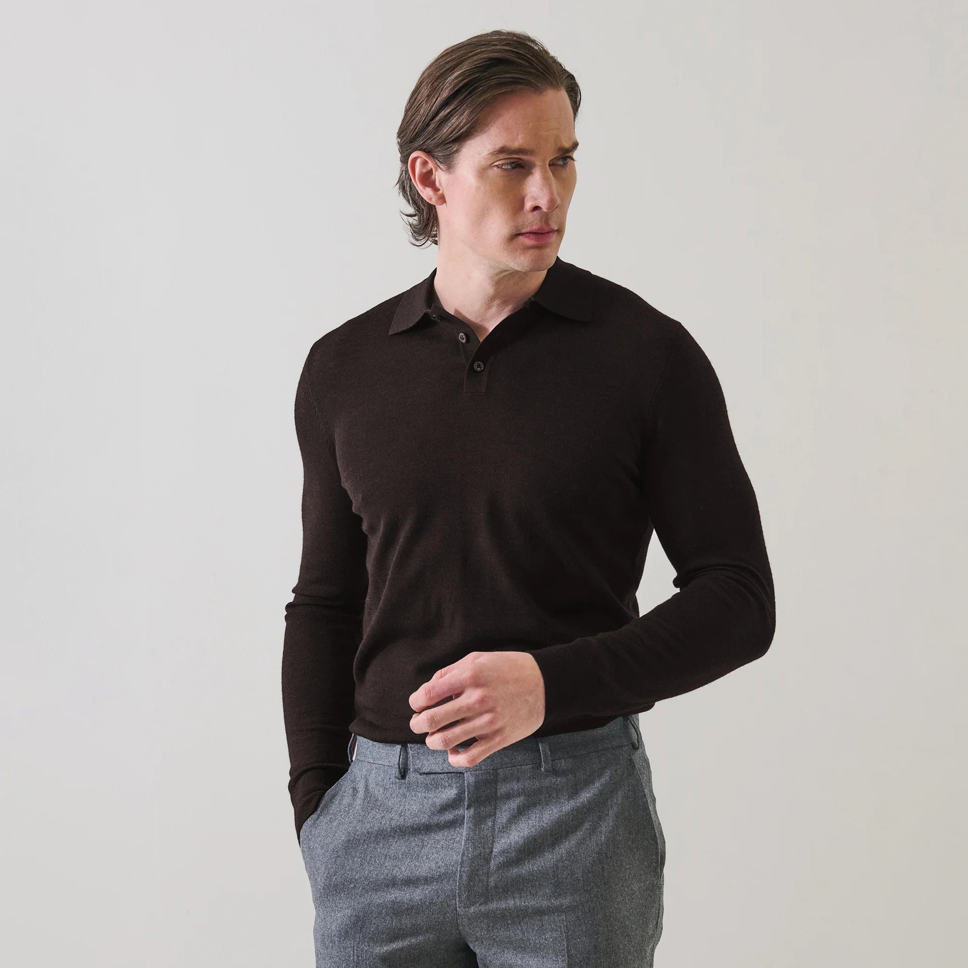 Black Coffee Extrafine Merino Wool Long Sleeve Button Polo - Patrick Assaraf