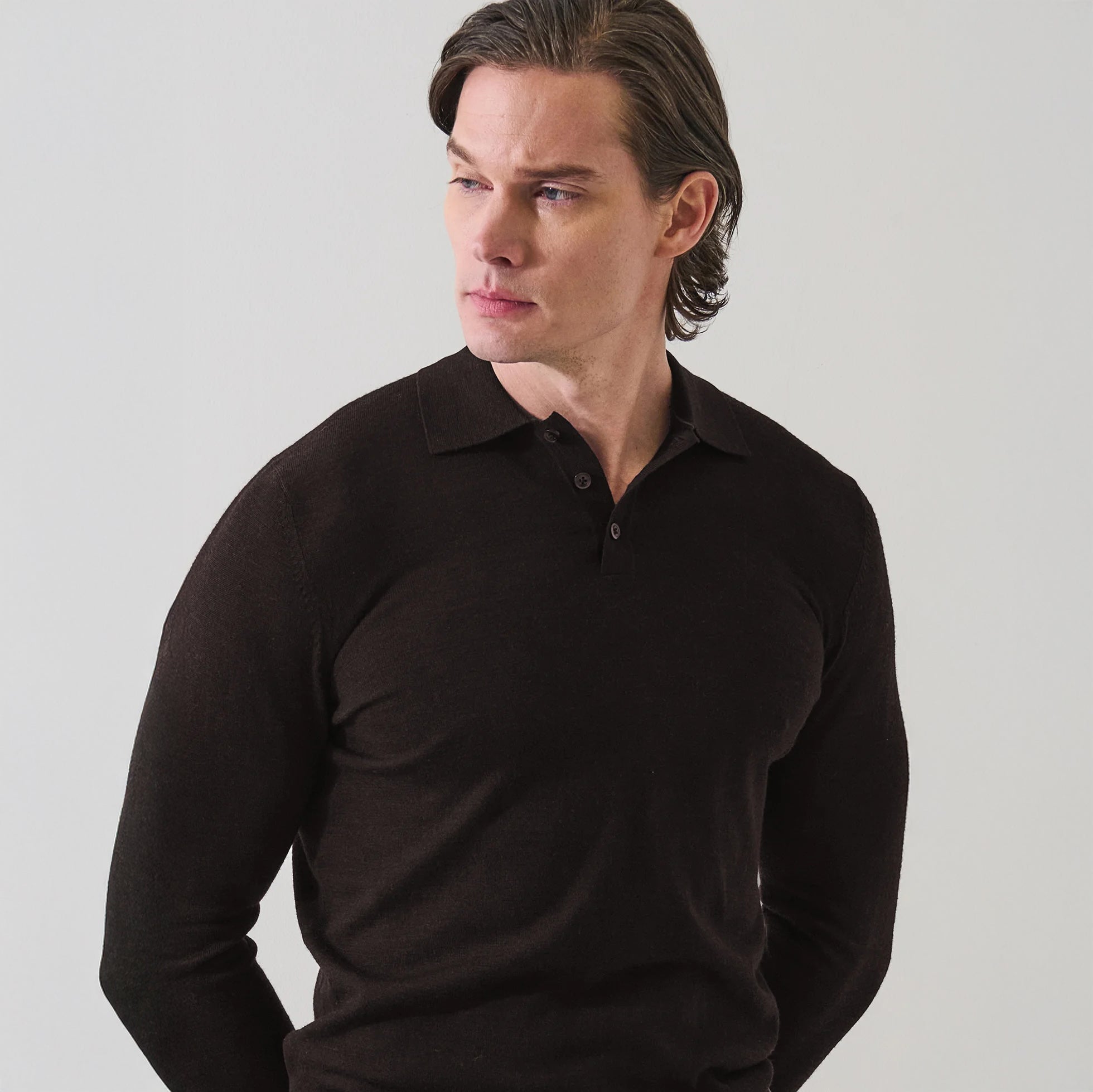 Black Coffee Extrafine Merino Wool Long Sleeve Button Polo - Patrick Assaraf