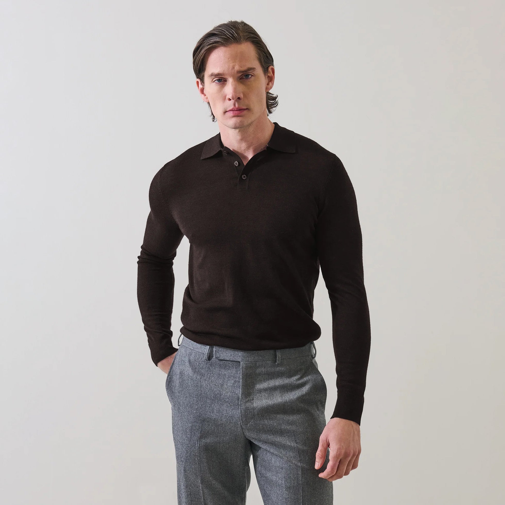 Black Coffee Extrafine Merino Wool Long Sleeve Button Polo - Patrick Assaraf