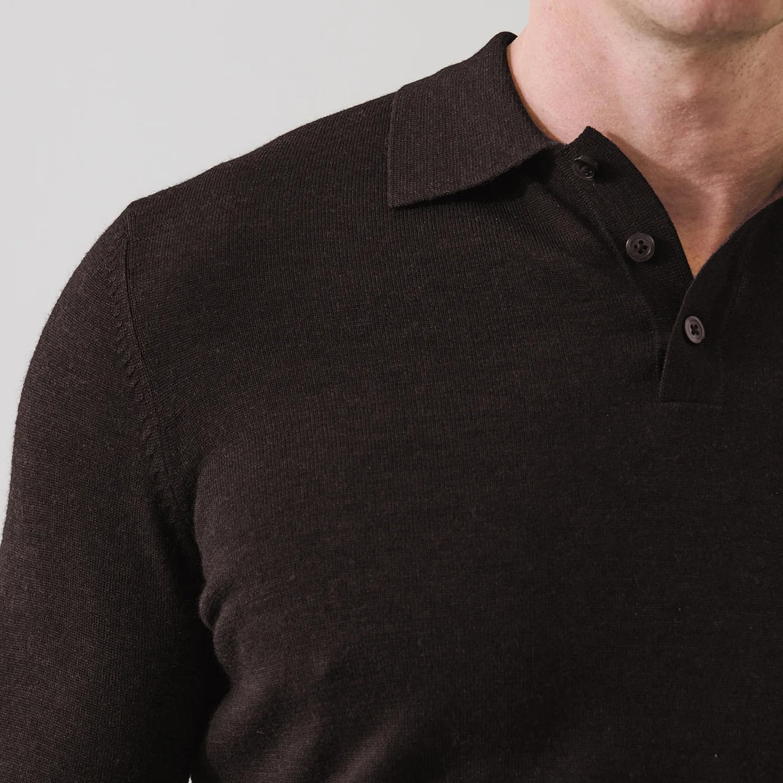 Black Coffee Extrafine Merino Wool Long Sleeve Button Polo - Patrick Assaraf
