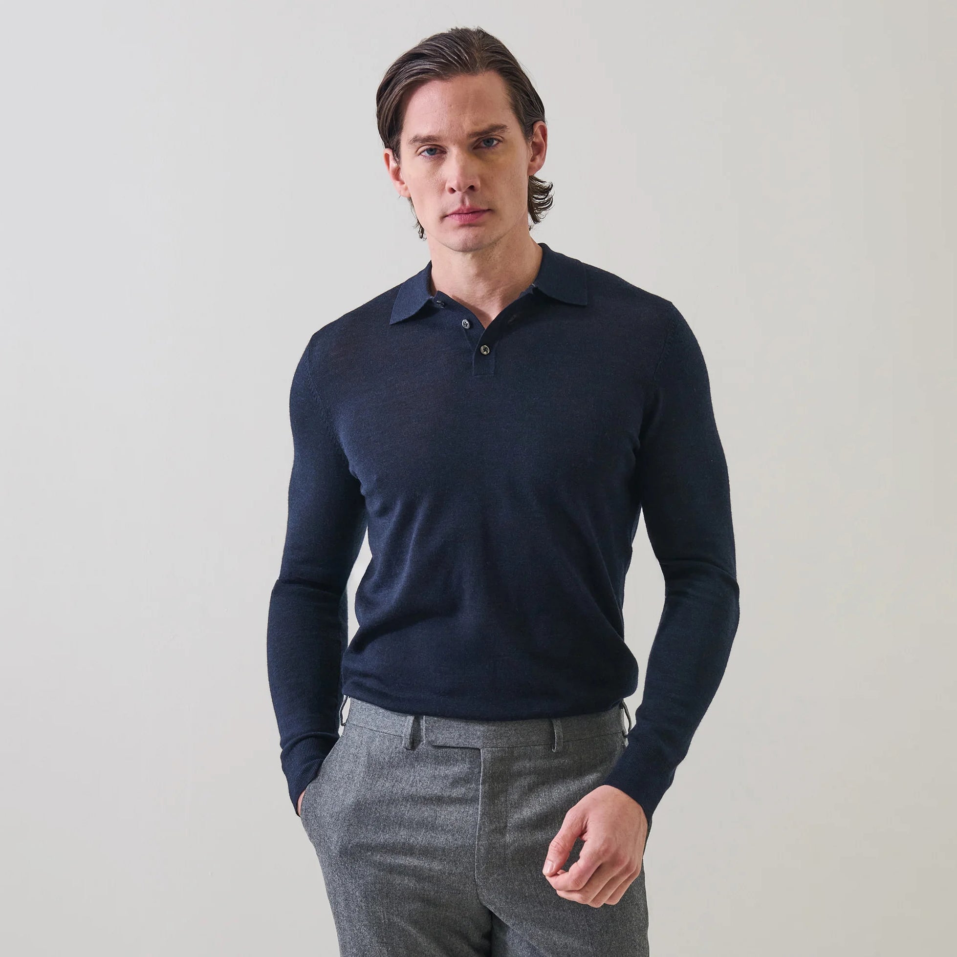 Mammoth Blue Extrafine Merino Wool Long Sleeve Button Polo - Patrick Assaraf